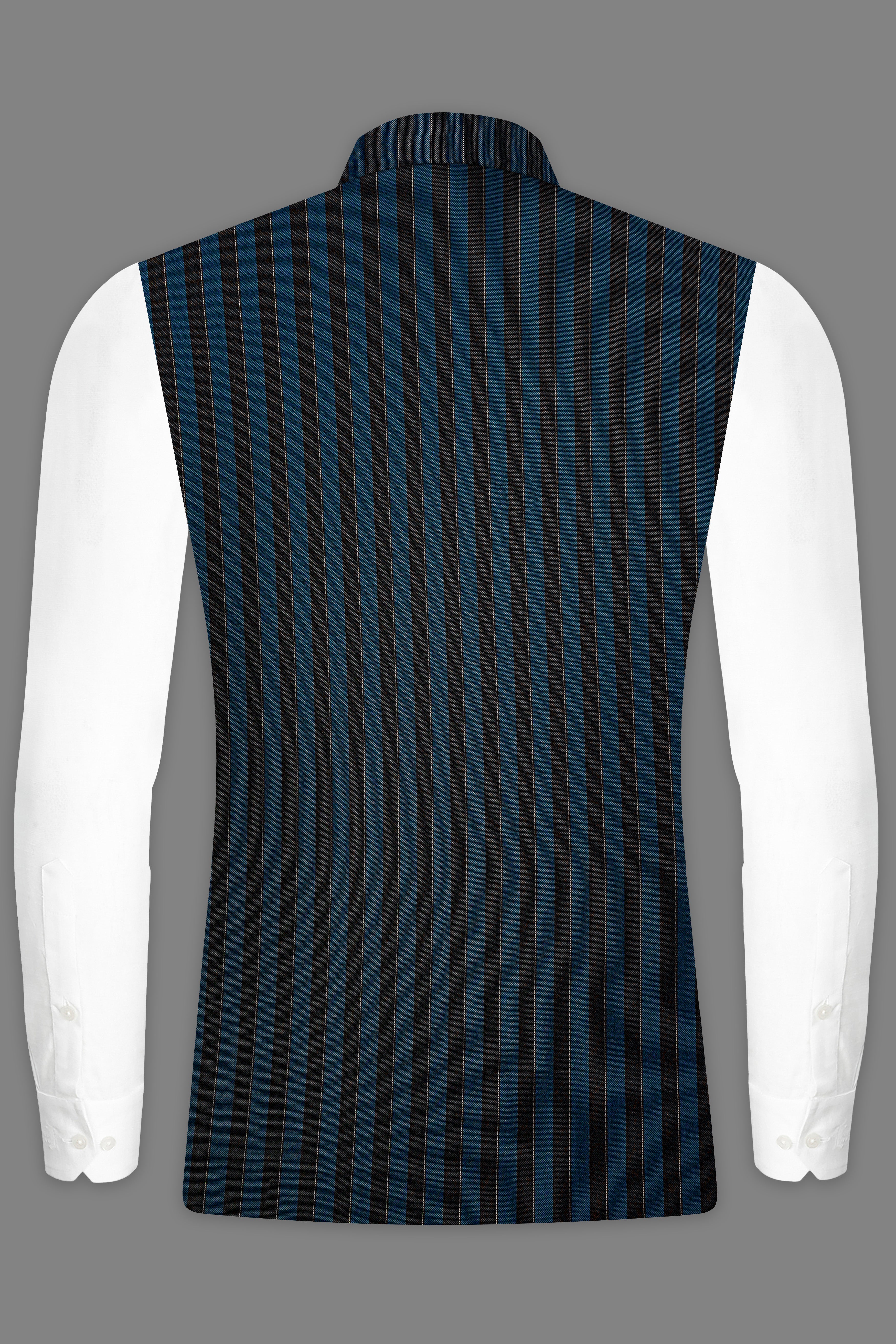 Daintree Blue And Jade Black Striped Wool Blend Nehru Jacket