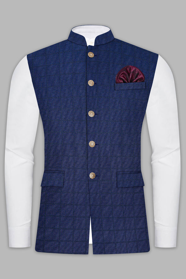 Tealish Blue Plaid Wool Rich Nehru Jacket