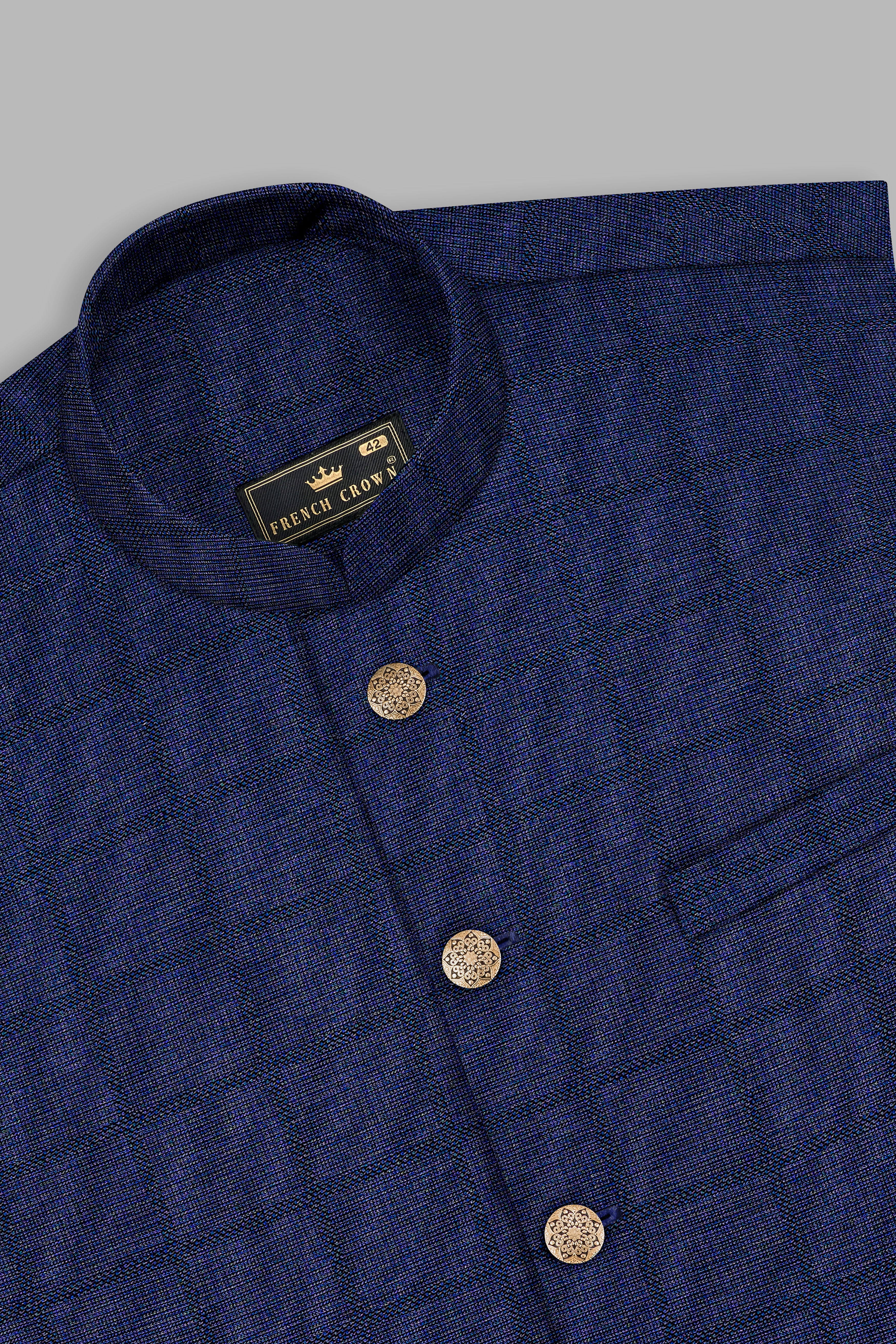 Tealish Blue Plaid Wool Rich Nehru Jacket