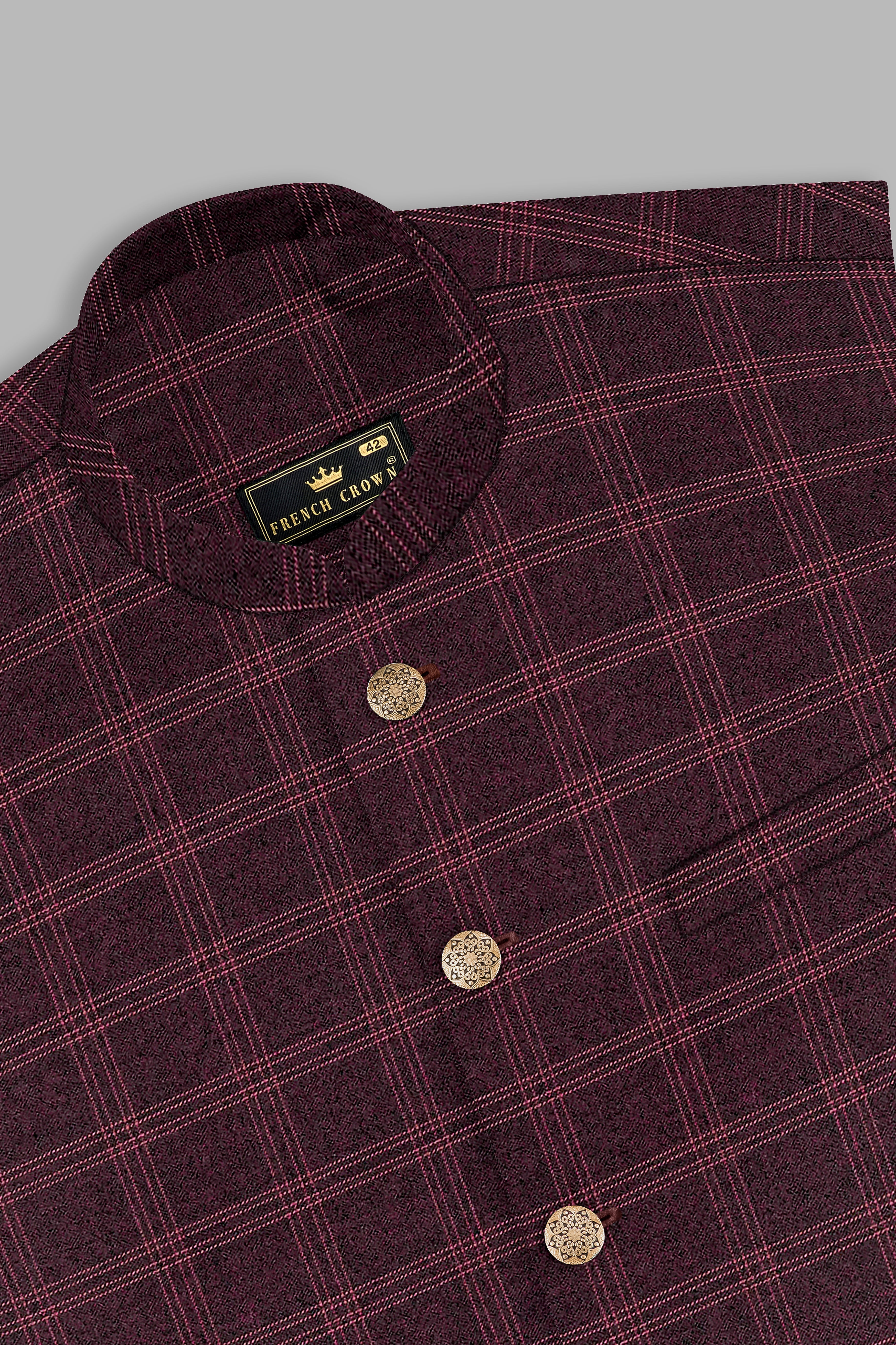 Russett Maroon Plaid Wool Rich Nehru Jacket