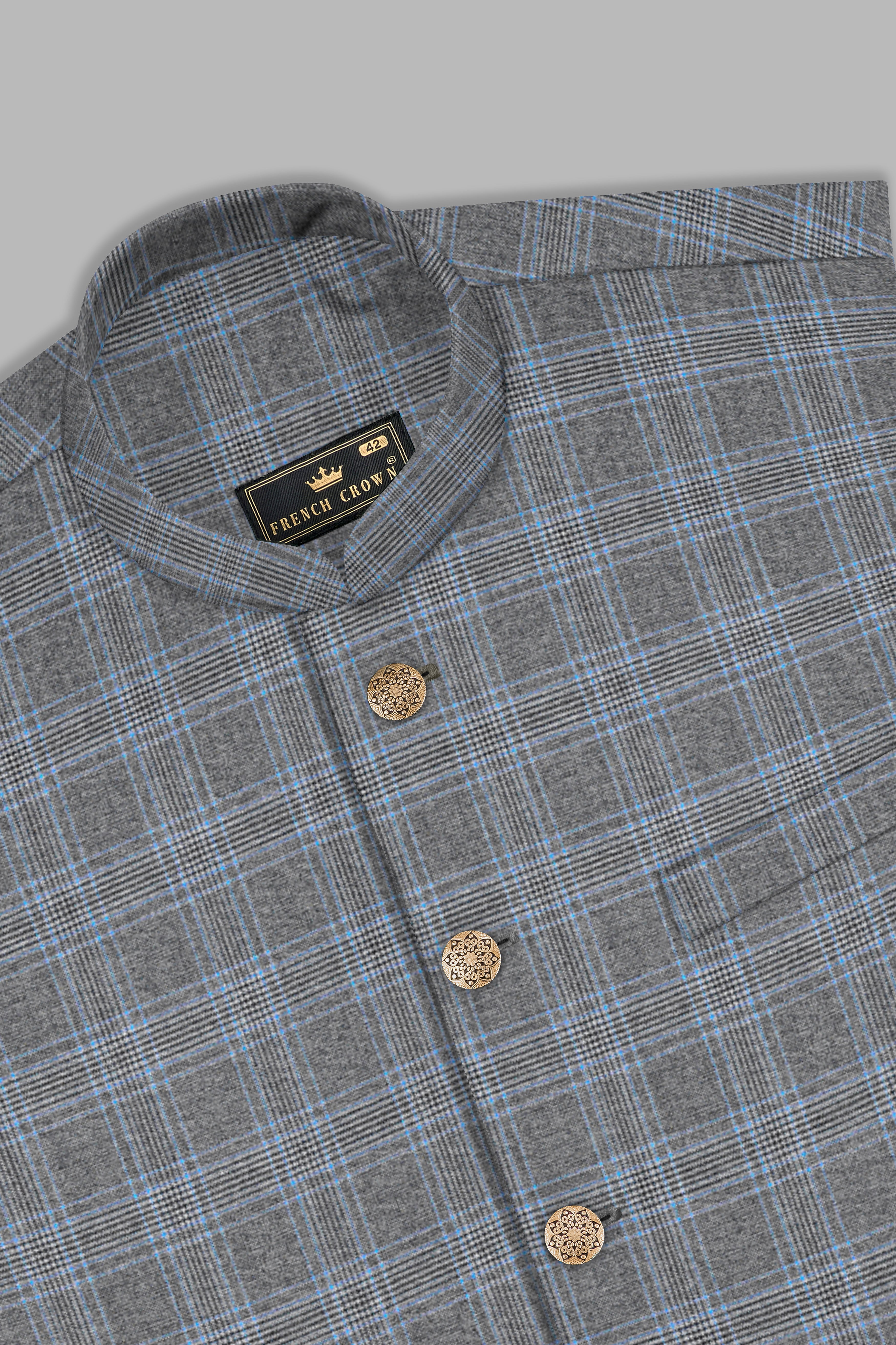 Smokey Gray And Spindle Blue Plaid Wool Rich Nehru Jacket