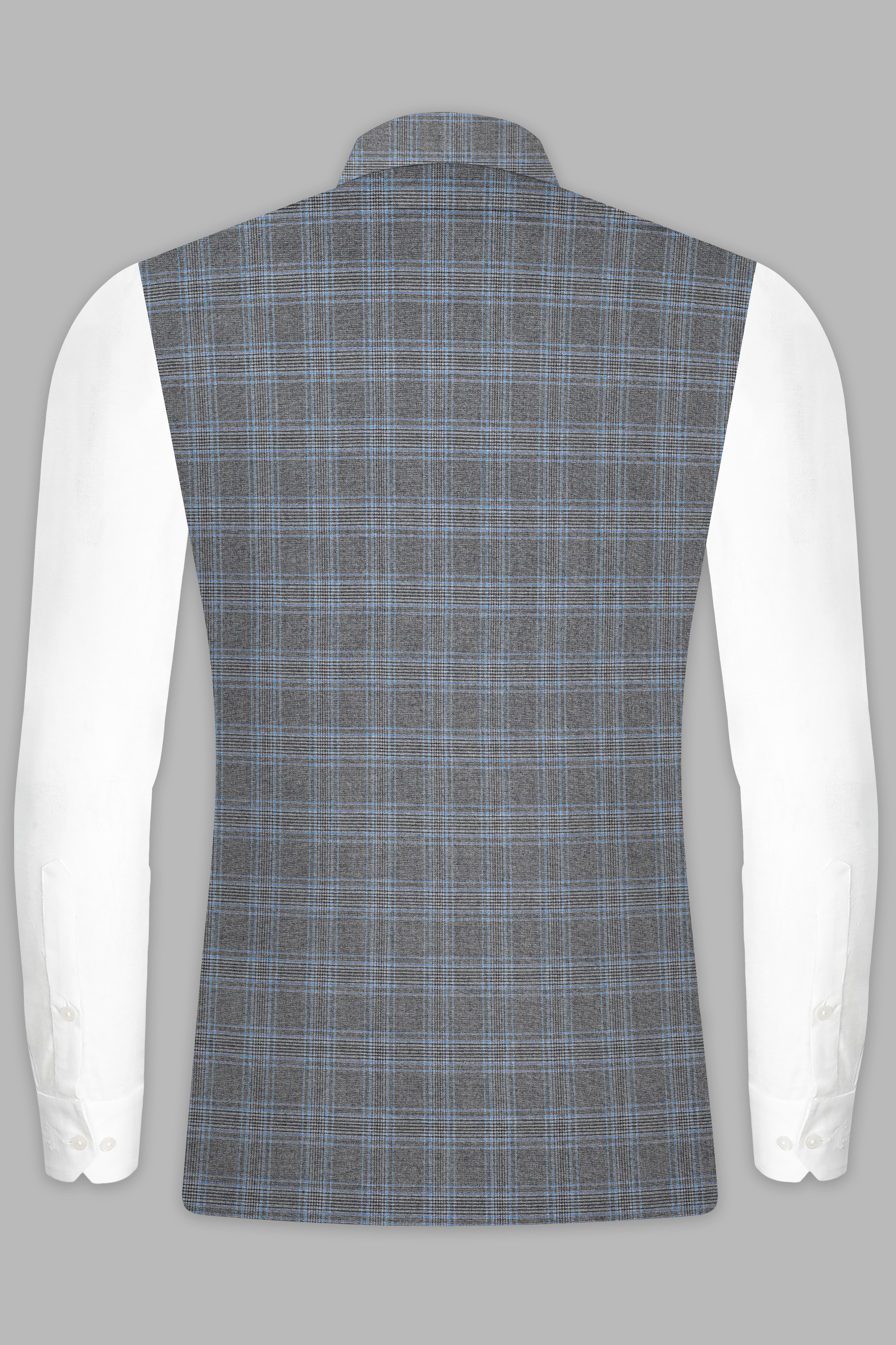 Smokey Gray And Spindle Blue Plaid Wool Rich Nehru Jacket