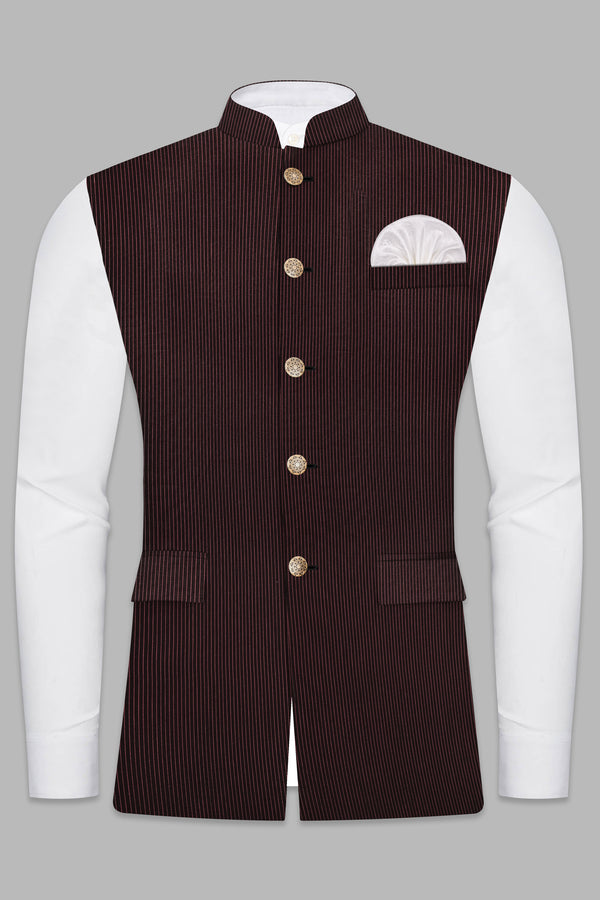 English Walnut Red Striped Wool Rich Nehru Jacket