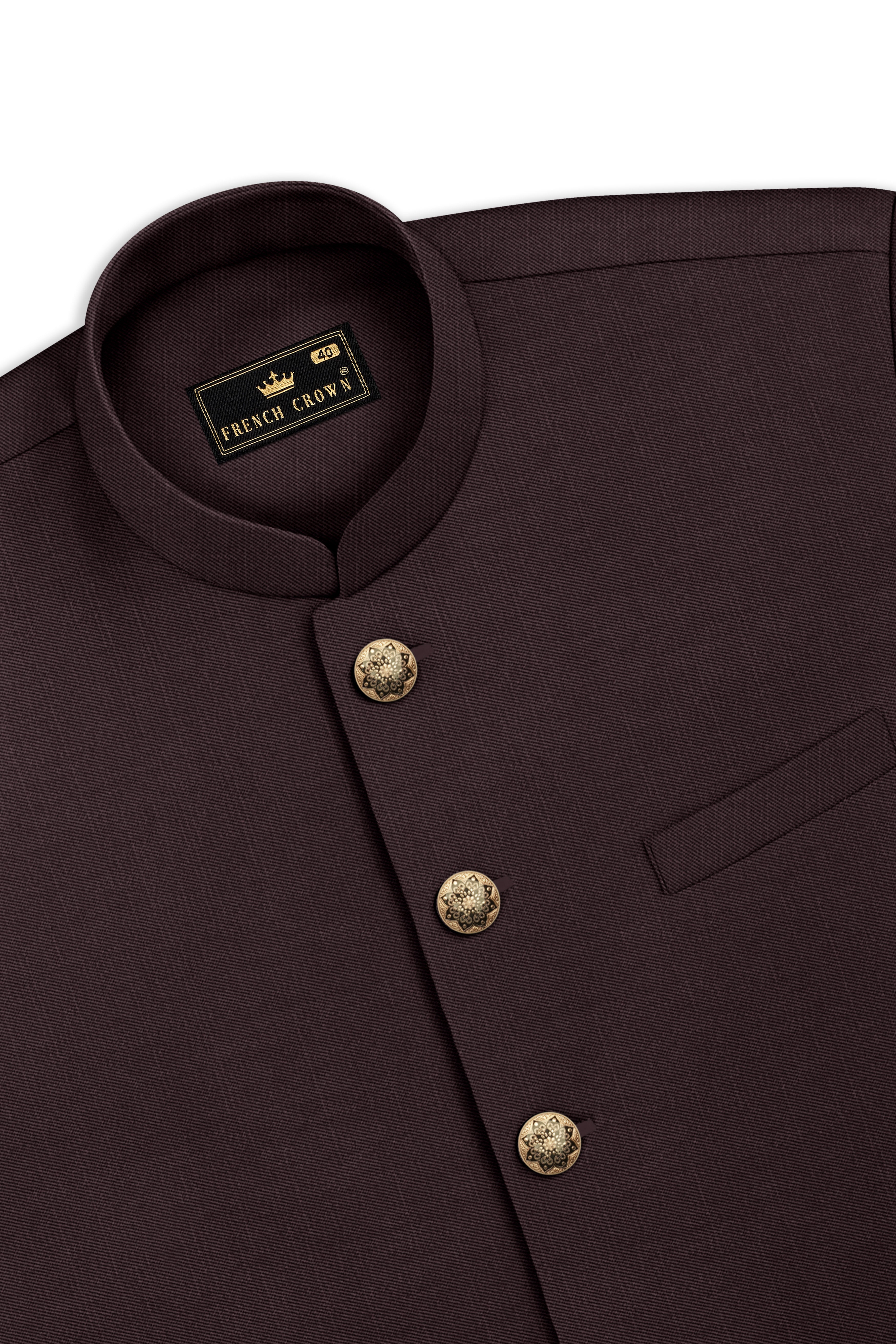Espresso-Hickory Brown Solid Wool Rich Slight Stretch Nehru Jacket