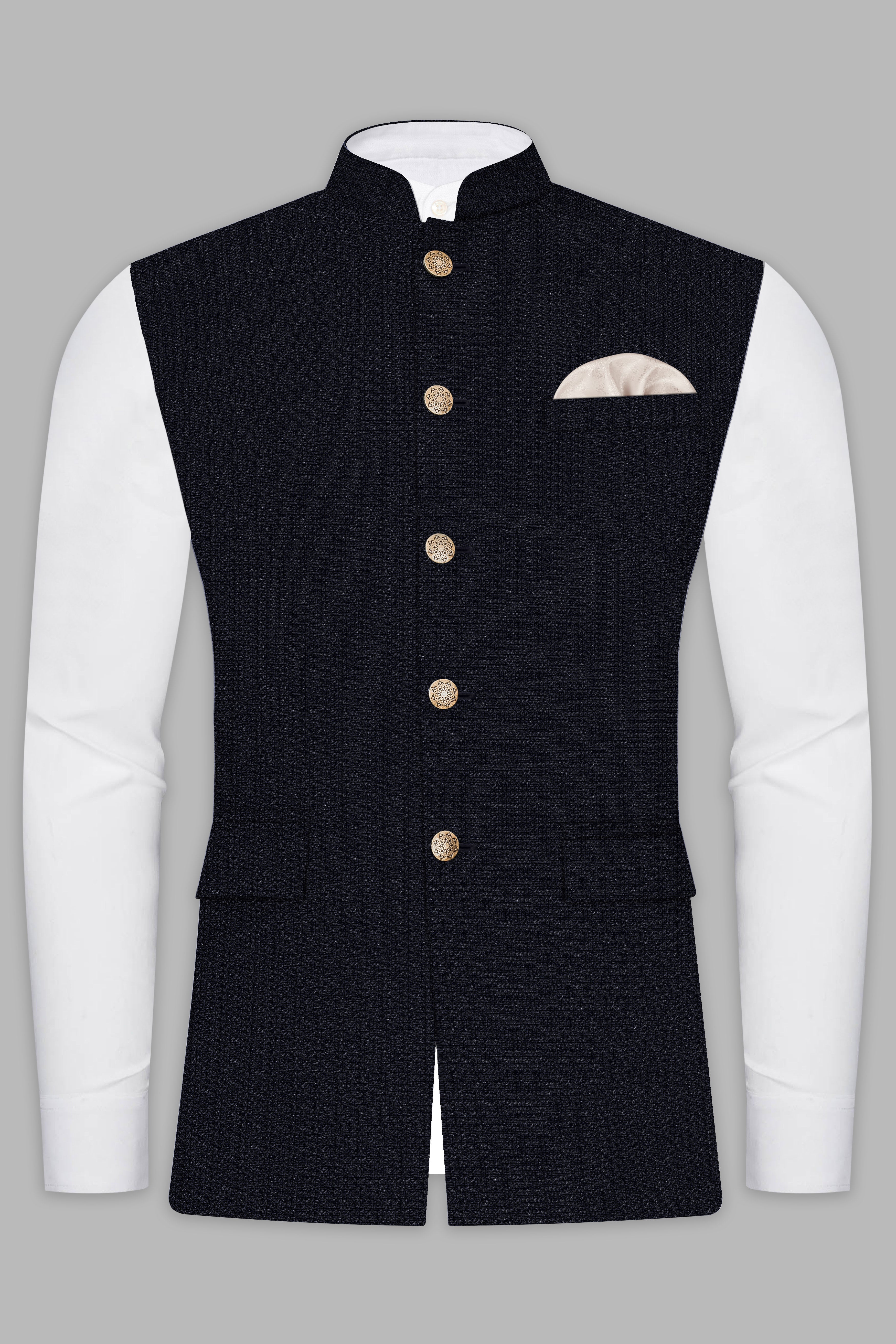 Indigo Prestige-French Navy Textured Wool Rich Nehru Jacket