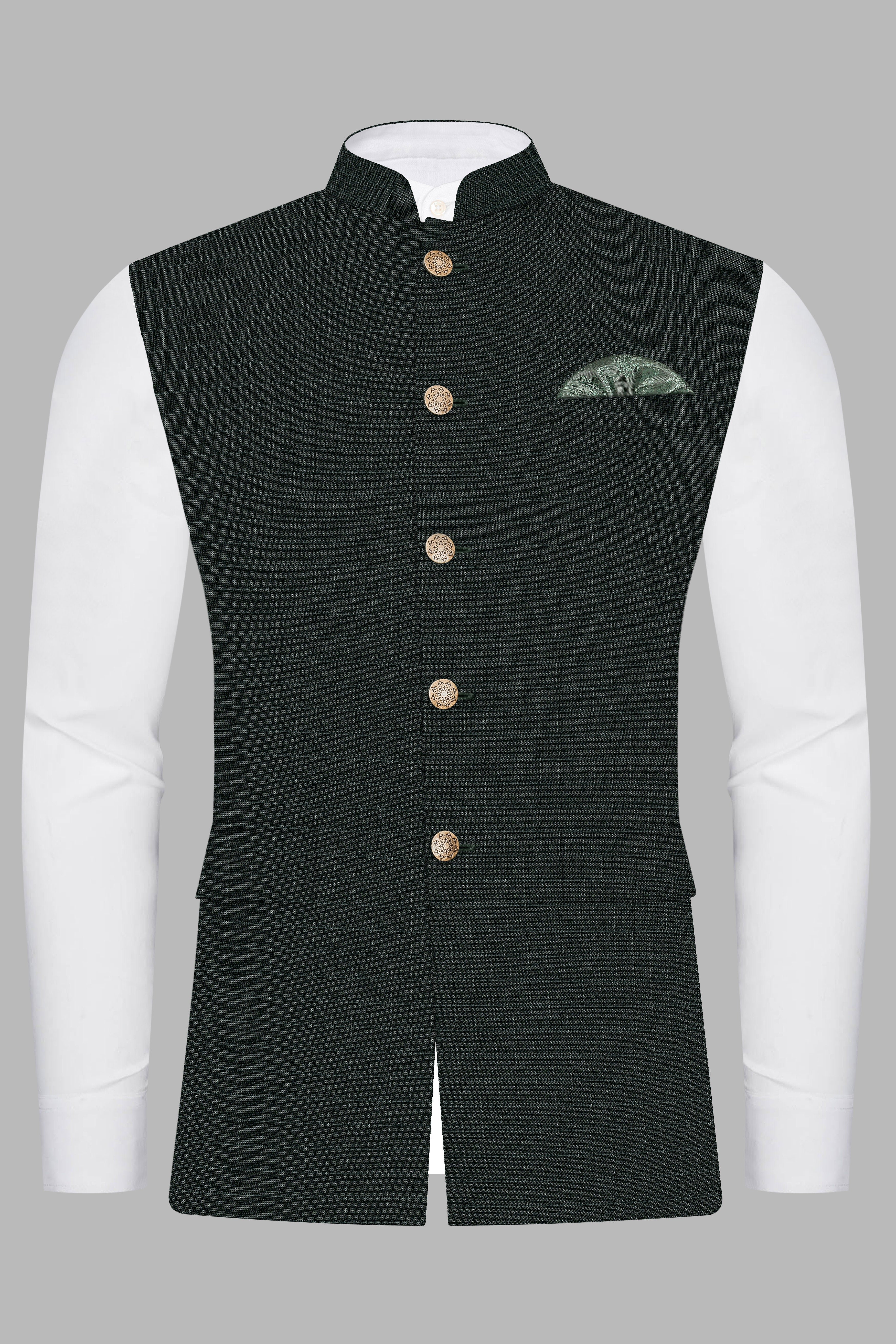 Aztec-Opulent Green Plaid Wool Rich Nehru Jacket