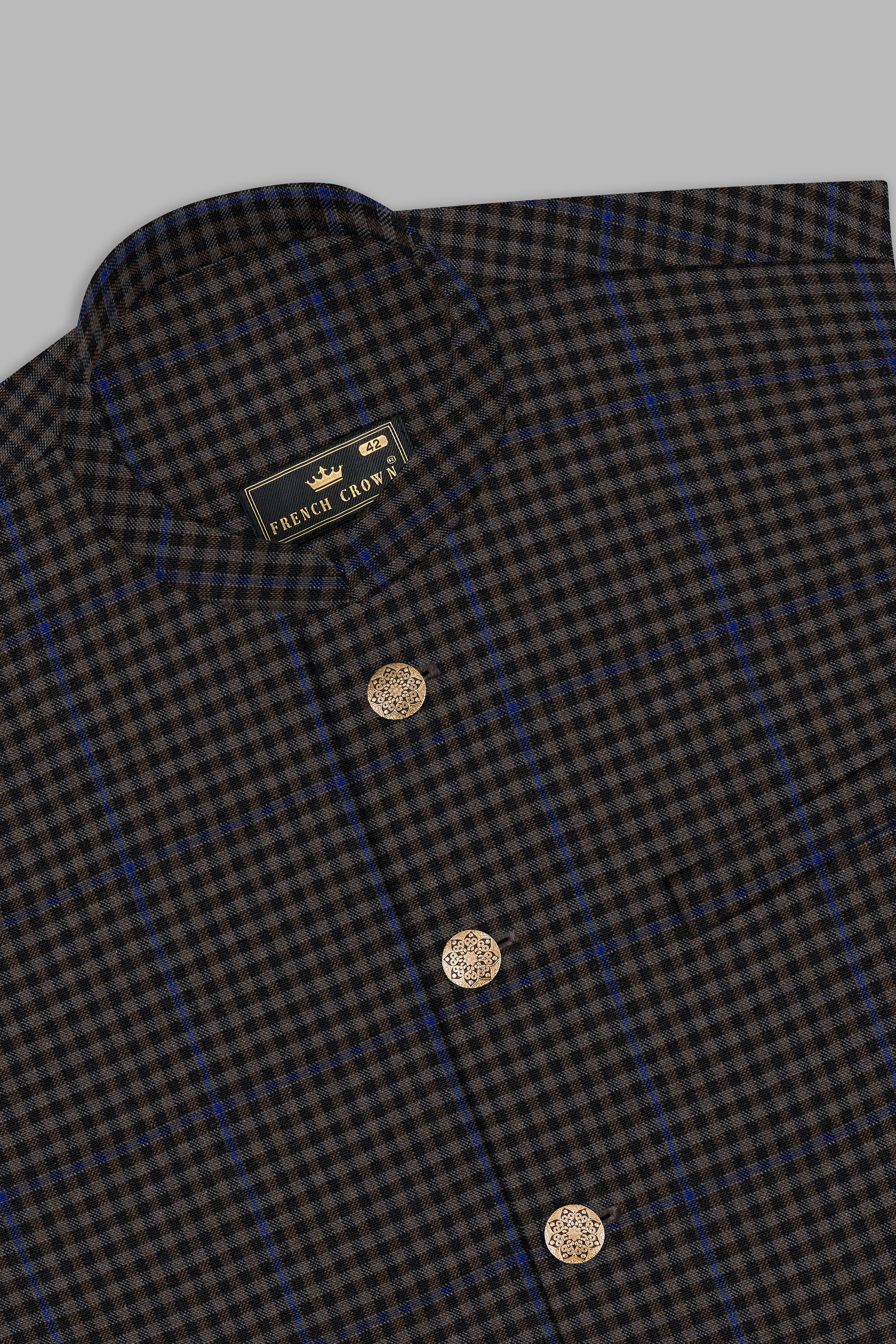 Allegro-Piano Brown Gingham Plaid Cotton Nehru Jacket