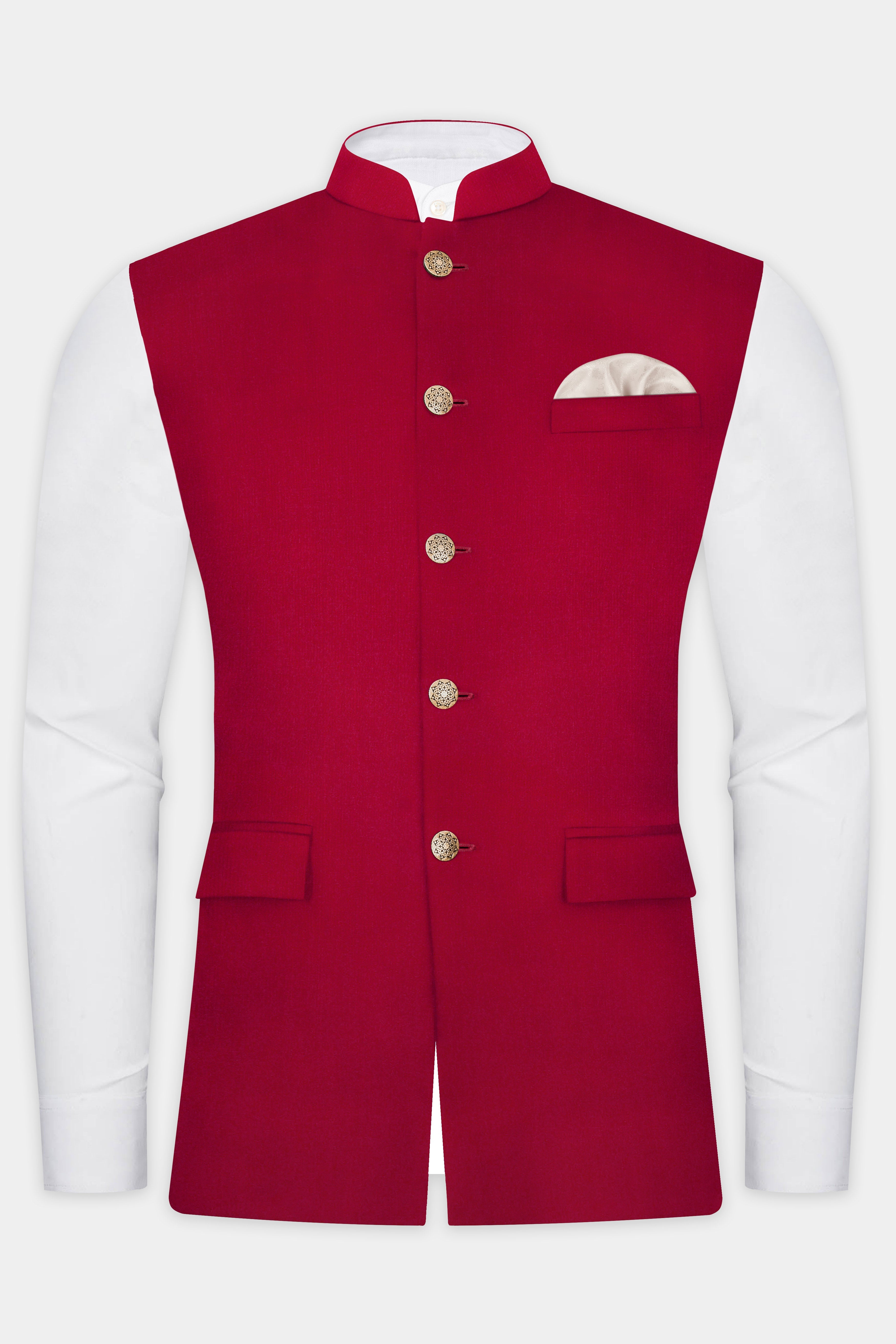 Vermilion-Chili Red Solid Wool Rich Nehru Jacket