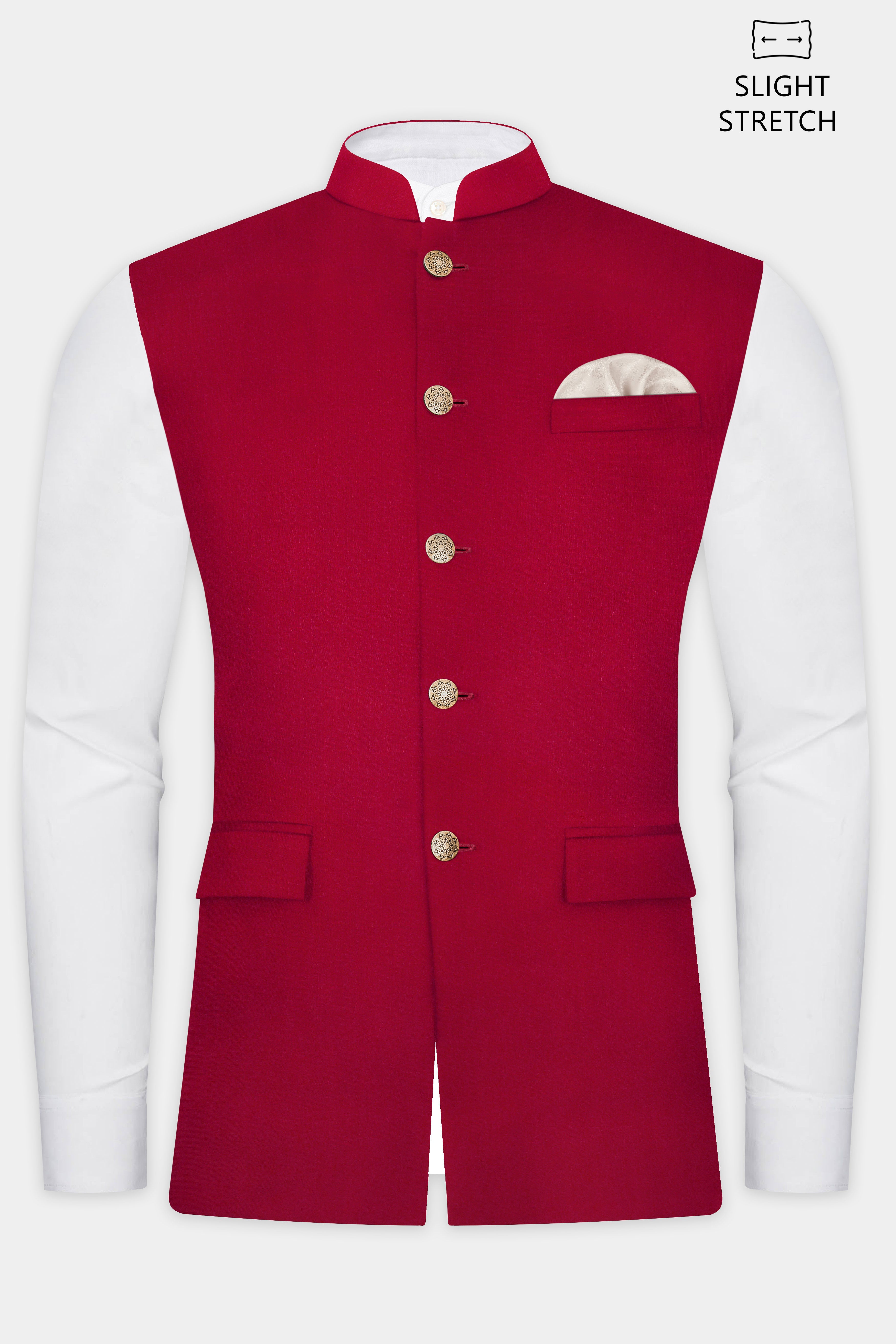 Vermilion-Chili Red Solid Wool Rich Slight Stretch Nehru Jacket