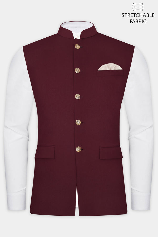 Merlot-Wine Berry Solid Wool Rich Slight Stretch Nehru Jacket