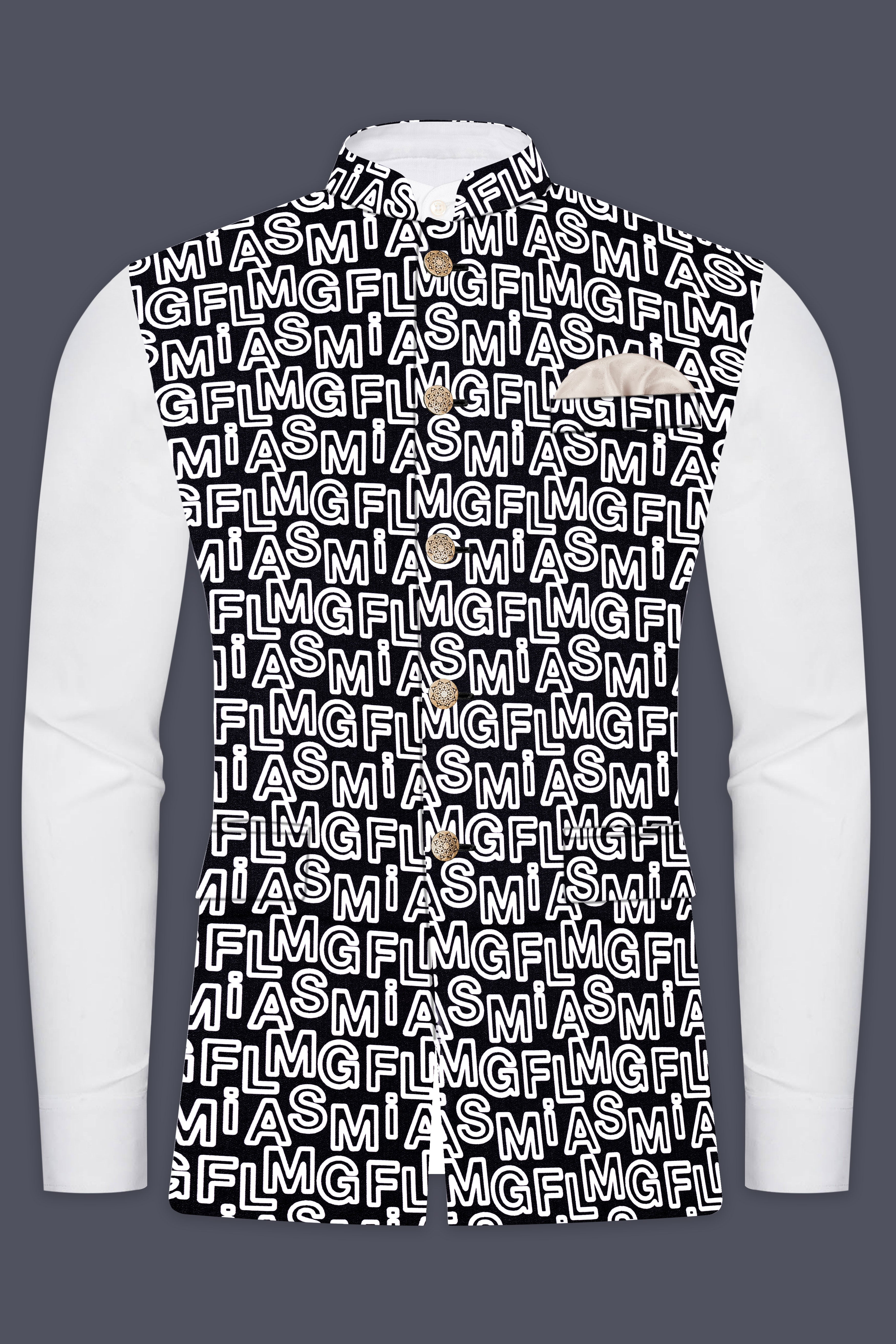 Jaguar Black And Bright White Alphabets Printed Premium Cotton Nehru Jacket