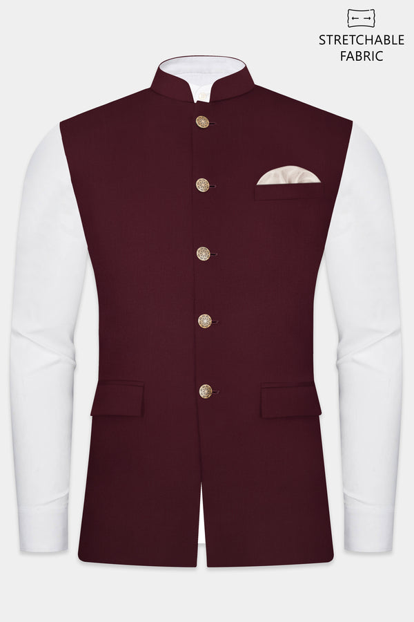 SepiaElite-Tamarind Brown Solid Wool Rich Slight Stretch Nehru Jacket