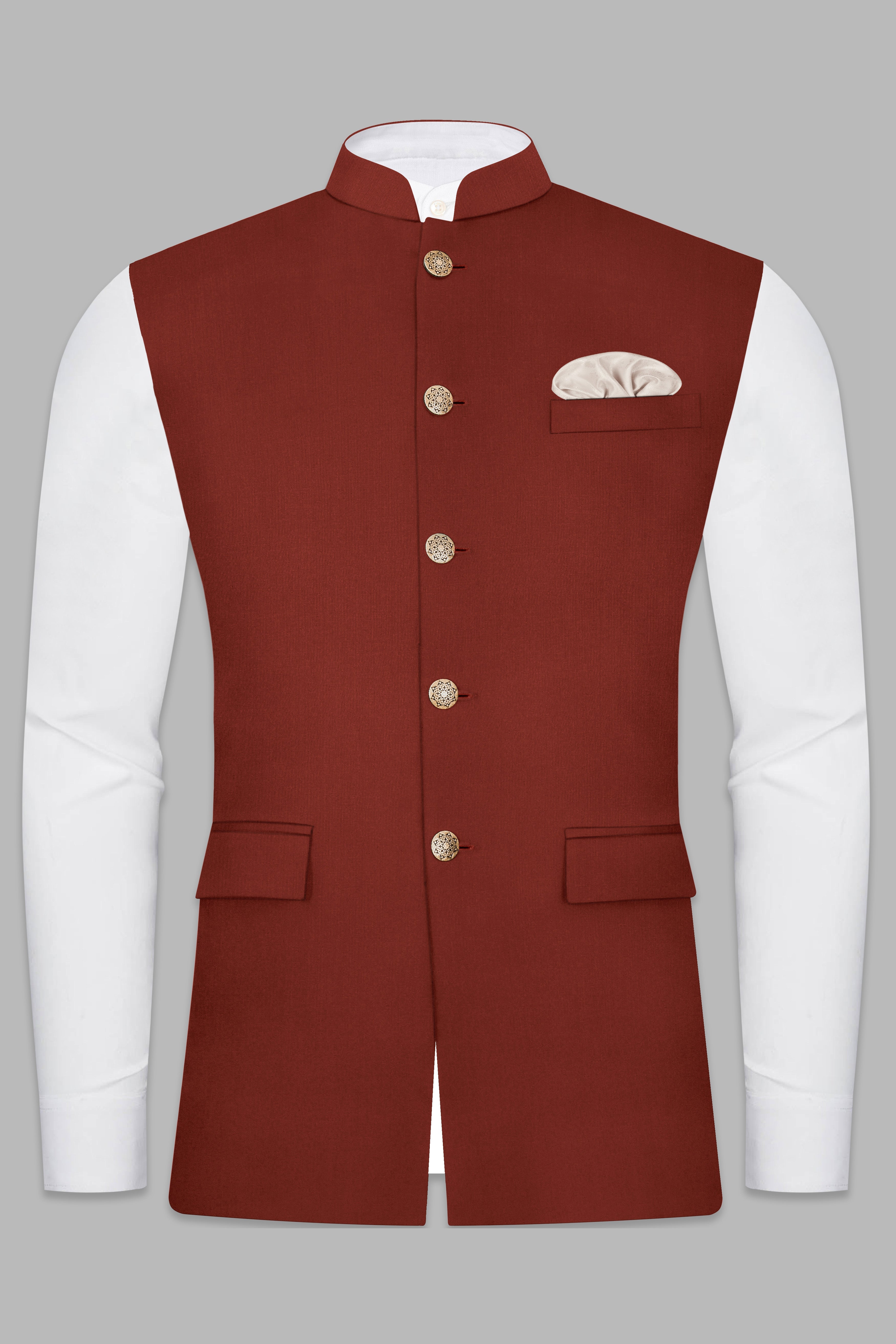 Inferno Rust-Brick Red Solid Wool Rich Nehru Jacket