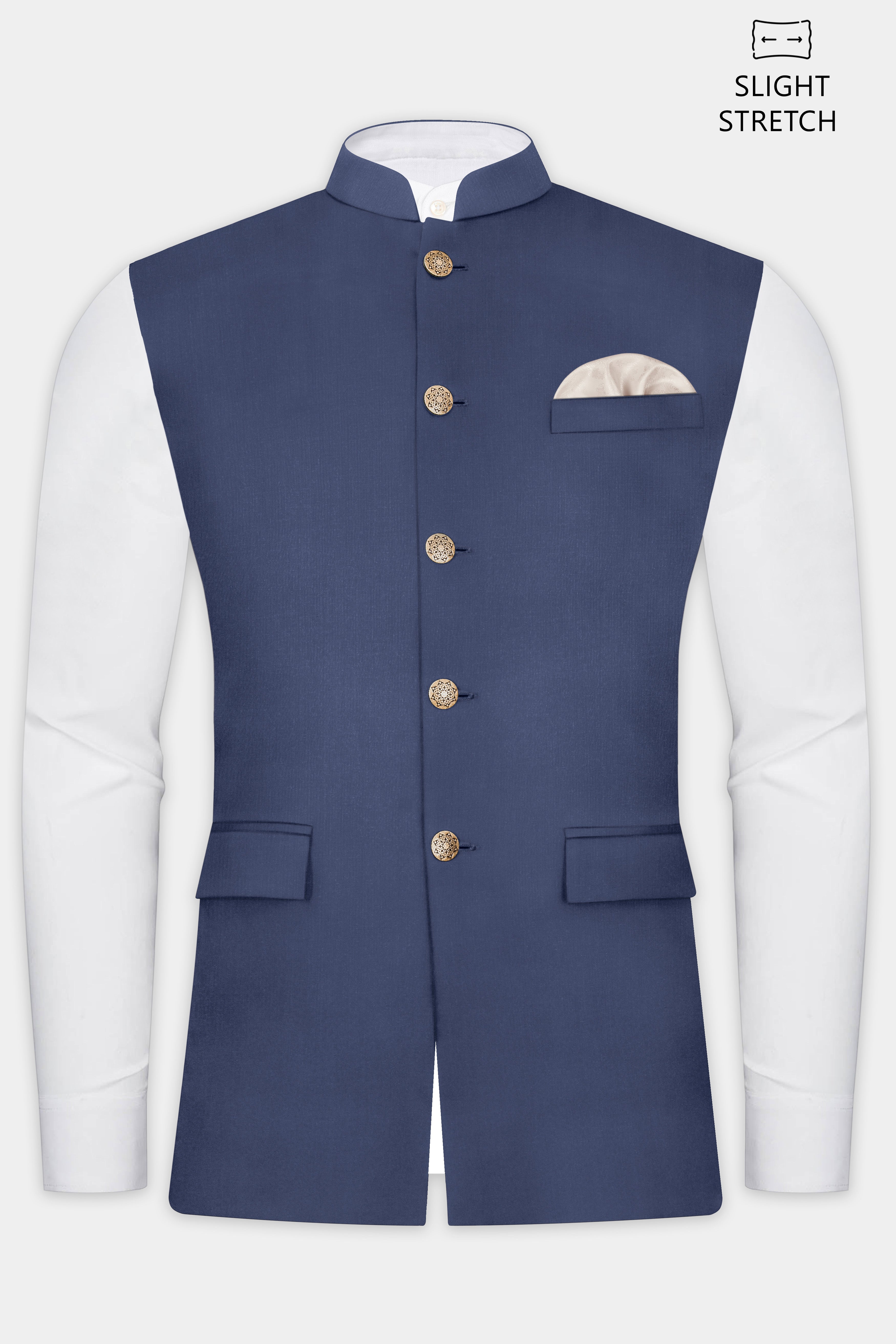 Sapphire-Glaucous Blue Solid Wool Rich Slight Stretch Nehru Jacket