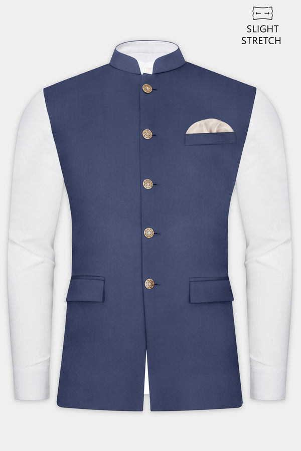 Sapphire-Glaucous Blue Solid Wool Rich Slight Stretch Nehru Jacket