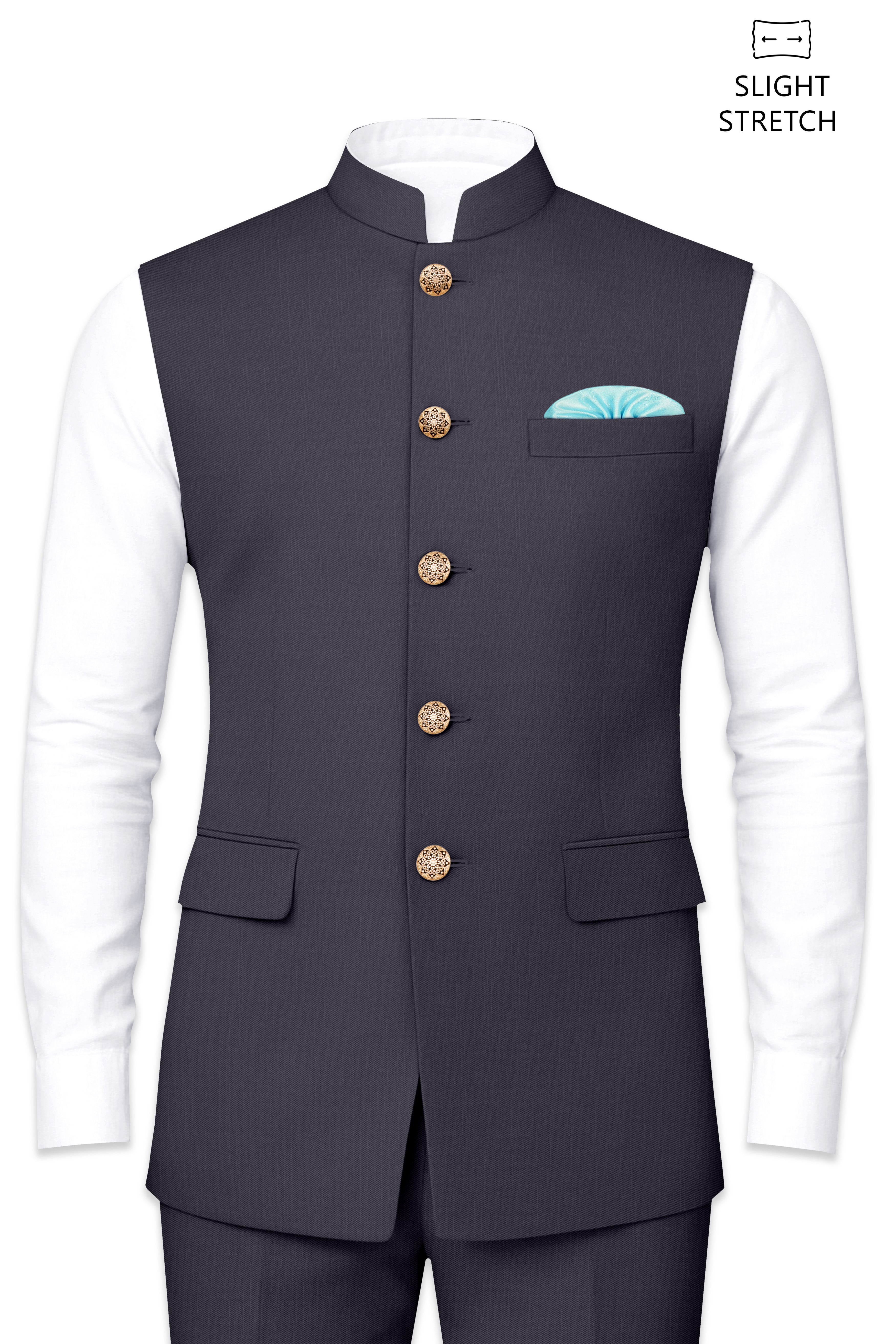Sapphire-Glaucous Gray Solid Wool Rich Slight Stretch Nehru Jacket