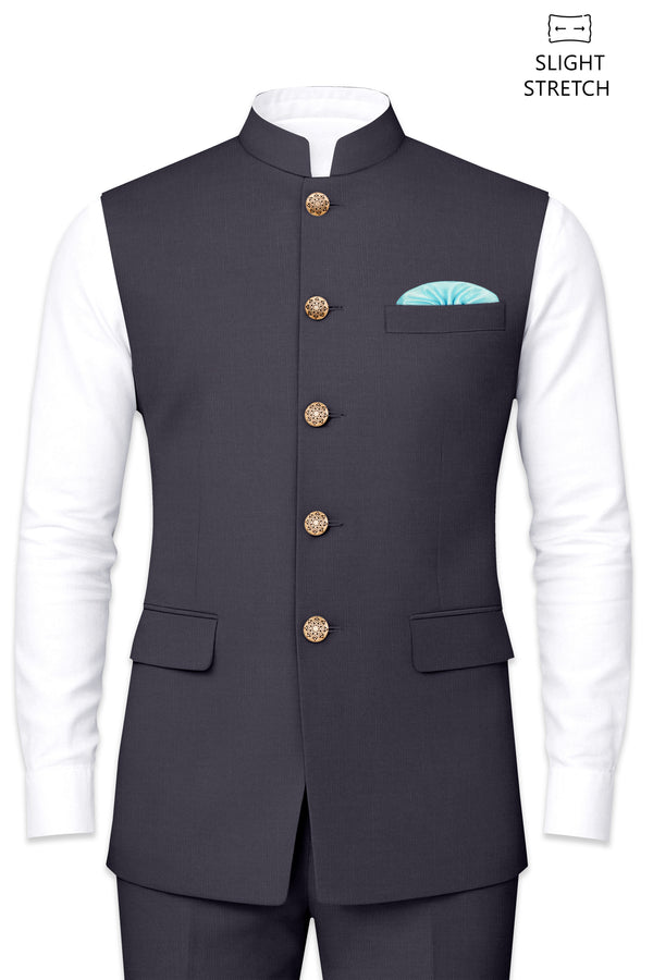 Sapphire-Glaucous Gray Solid Wool Rich Slight Stretch Nehru Jacket