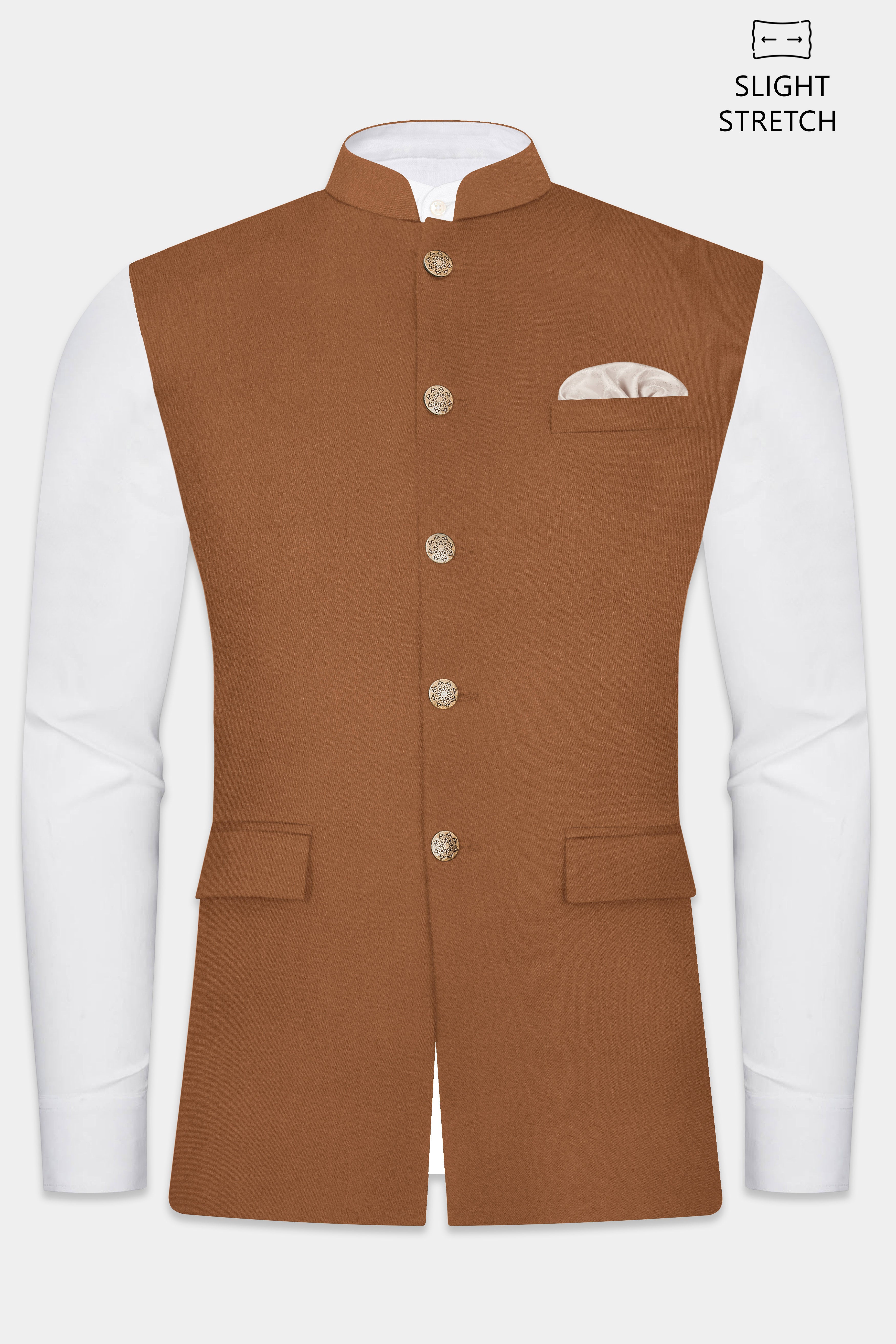Cinnamon Oak-Sienna Brown Solid Wool Rich Slight Stretch Nehru Jacket