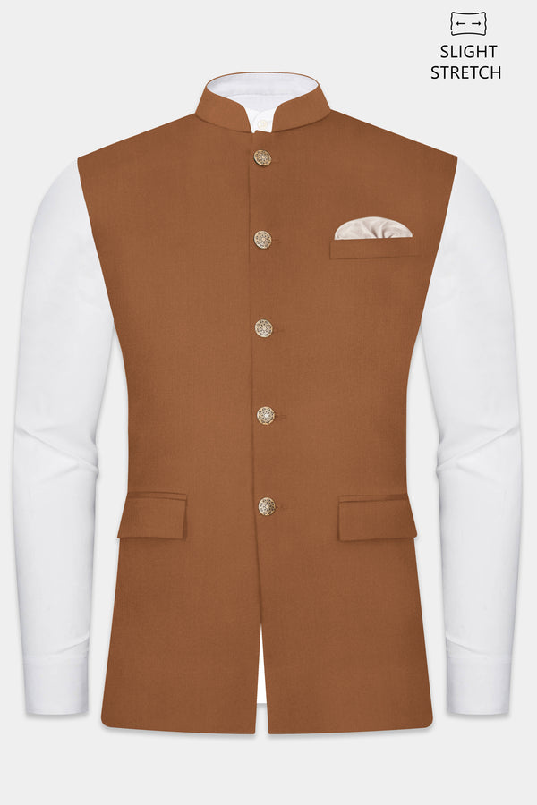 Cinnamon Oak-Sienna Brown Solid Wool Rich Slight Stretch Nehru Jacket