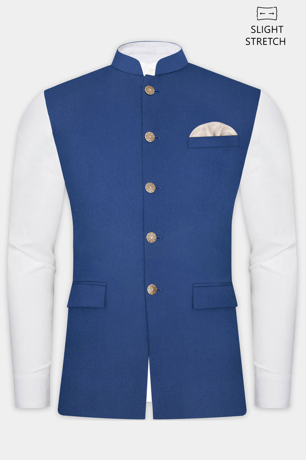 Cerulean Elite-Cobalt Blue Solid Wool Rich Slight Stretch Nehru Jacket