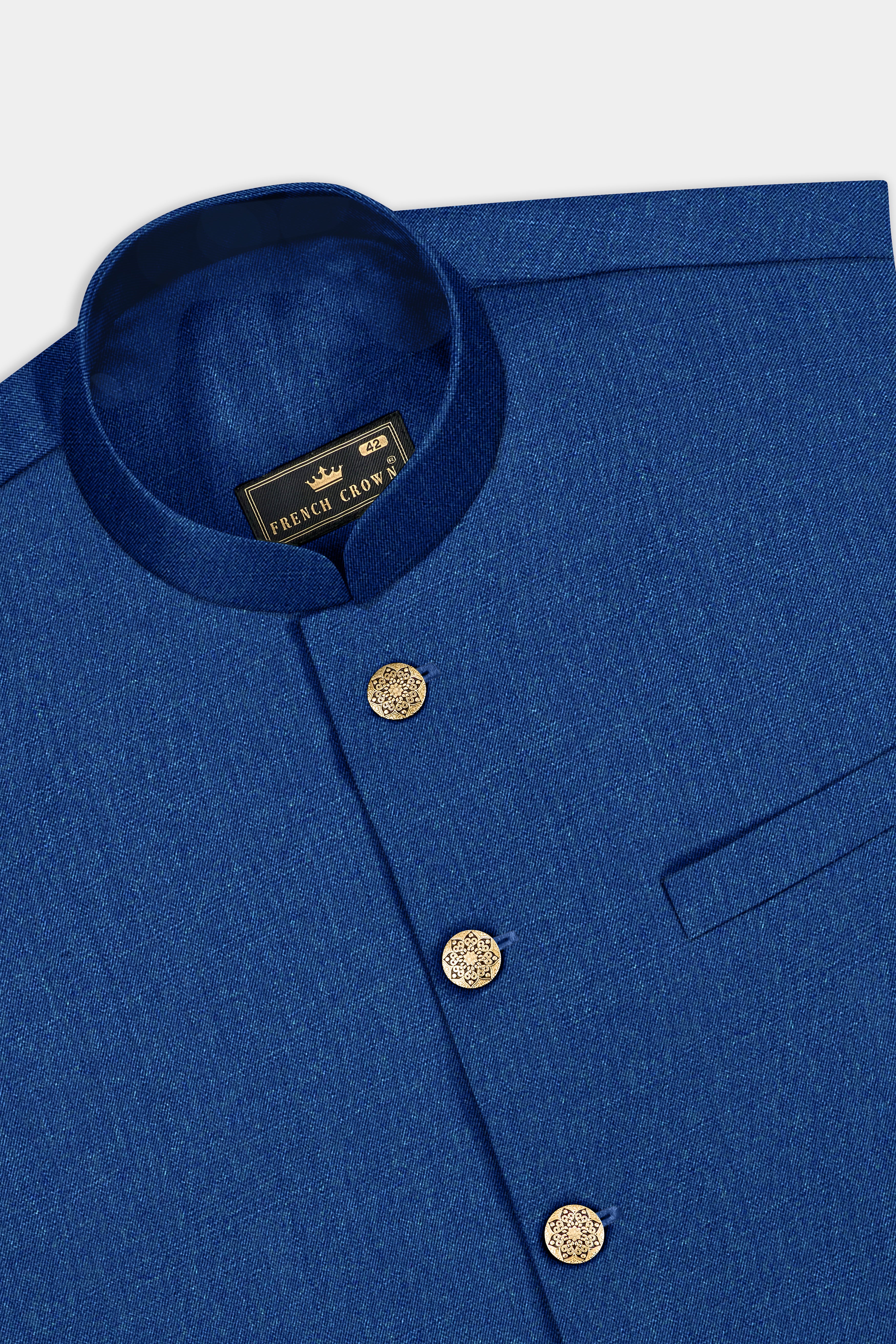 Cerulean Elite-Cobalt Blue Solid Wool Rich Slight Stretch Nehru Jacket
