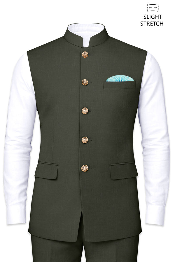 Verdant Majesty-Juniper Green Solid Wool Rich Slight Stretch Nehru Jacket