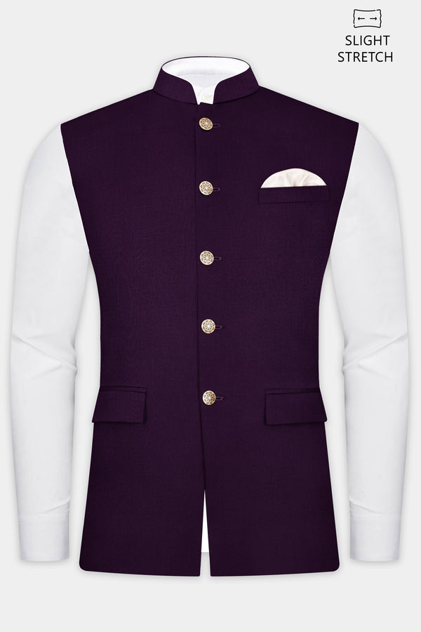 Regal Plum-Eggplant Purple Solid Wool Rich Slight Stretch Nehru Jacket