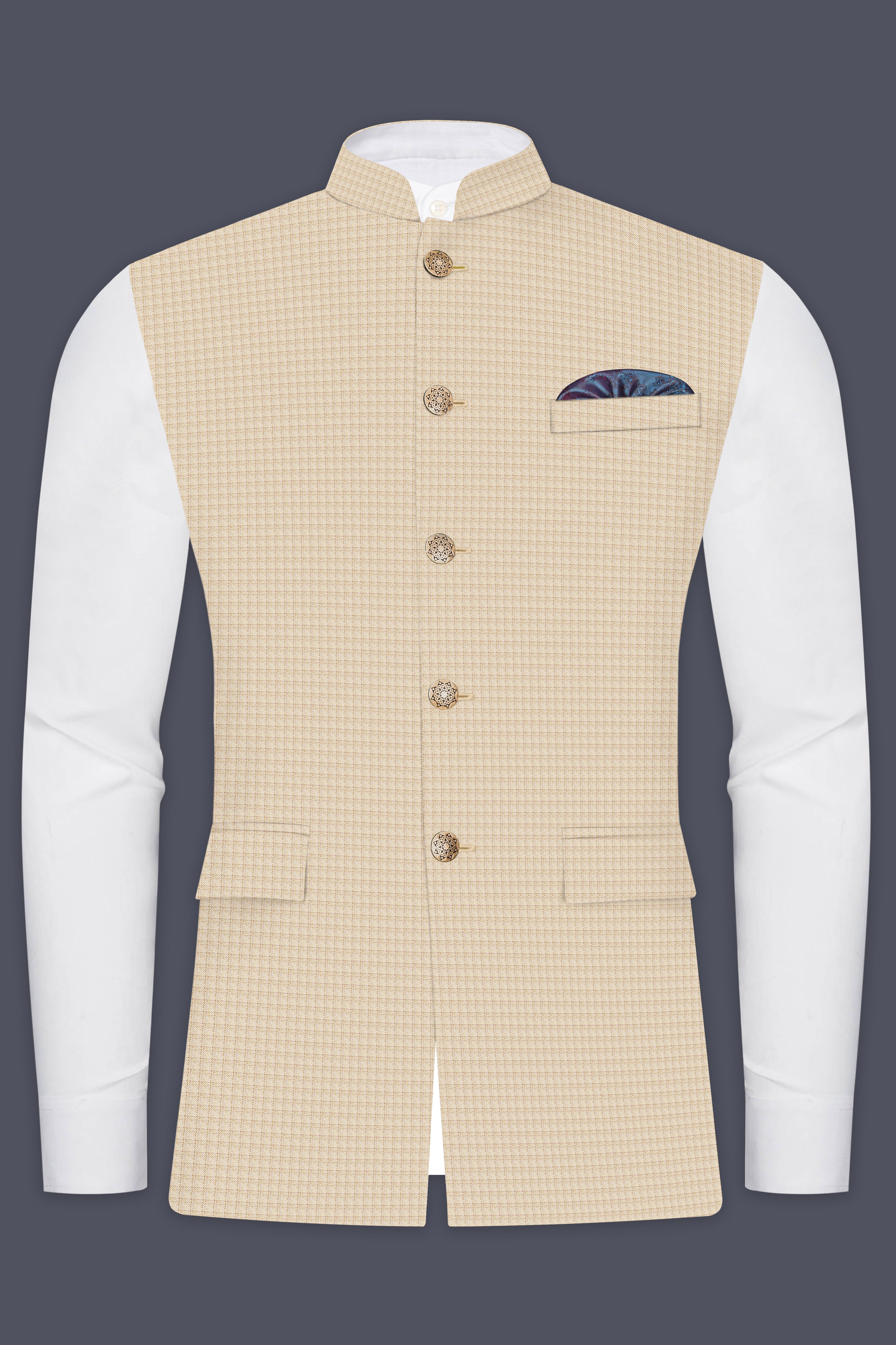 Almond-Pavlova Cream Plaid Wool Rich Nehru Jacket