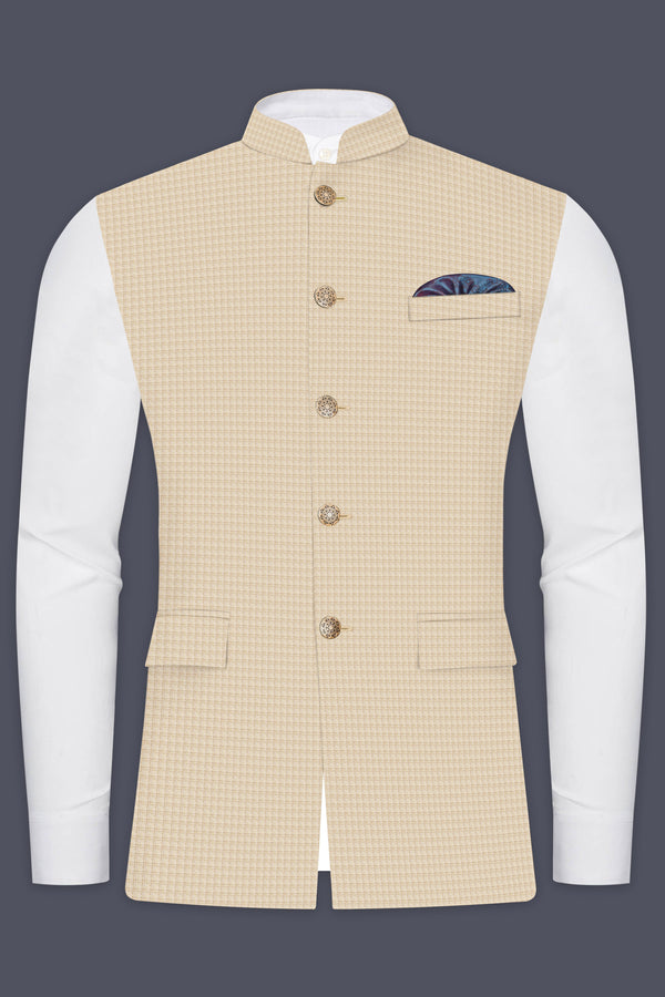 Almond-Pavlova Cream Plaid Wool Rich Nehru Jacket