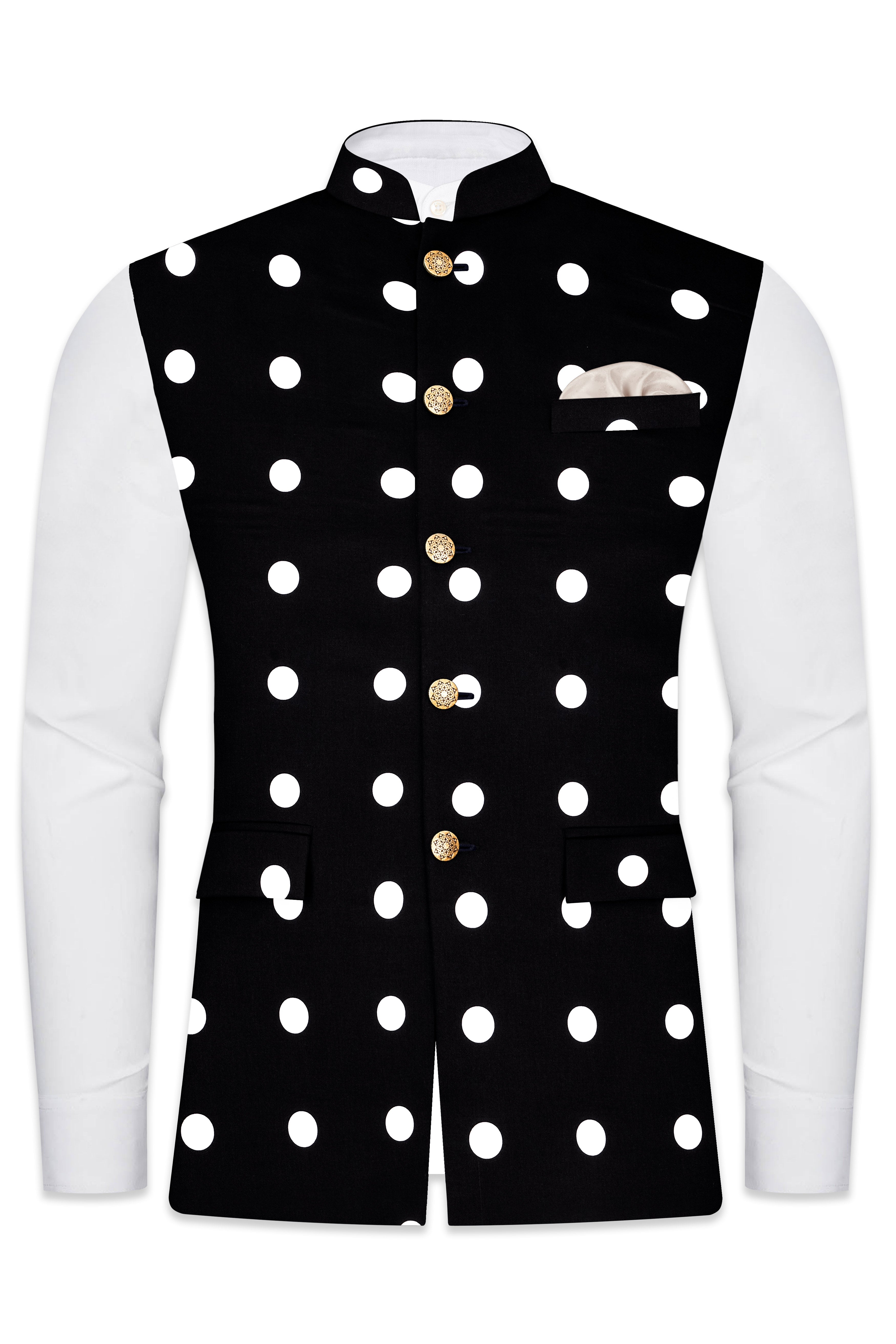 Noirdot-Jade Black and Bright White Polka Dotted Premium Cotton Nehru Jacket
