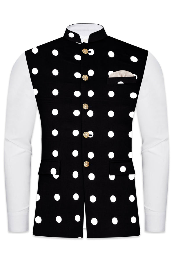 Noirdot-Jade Black and Bright White Polka Dotted Premium Cotton Nehru Jacket