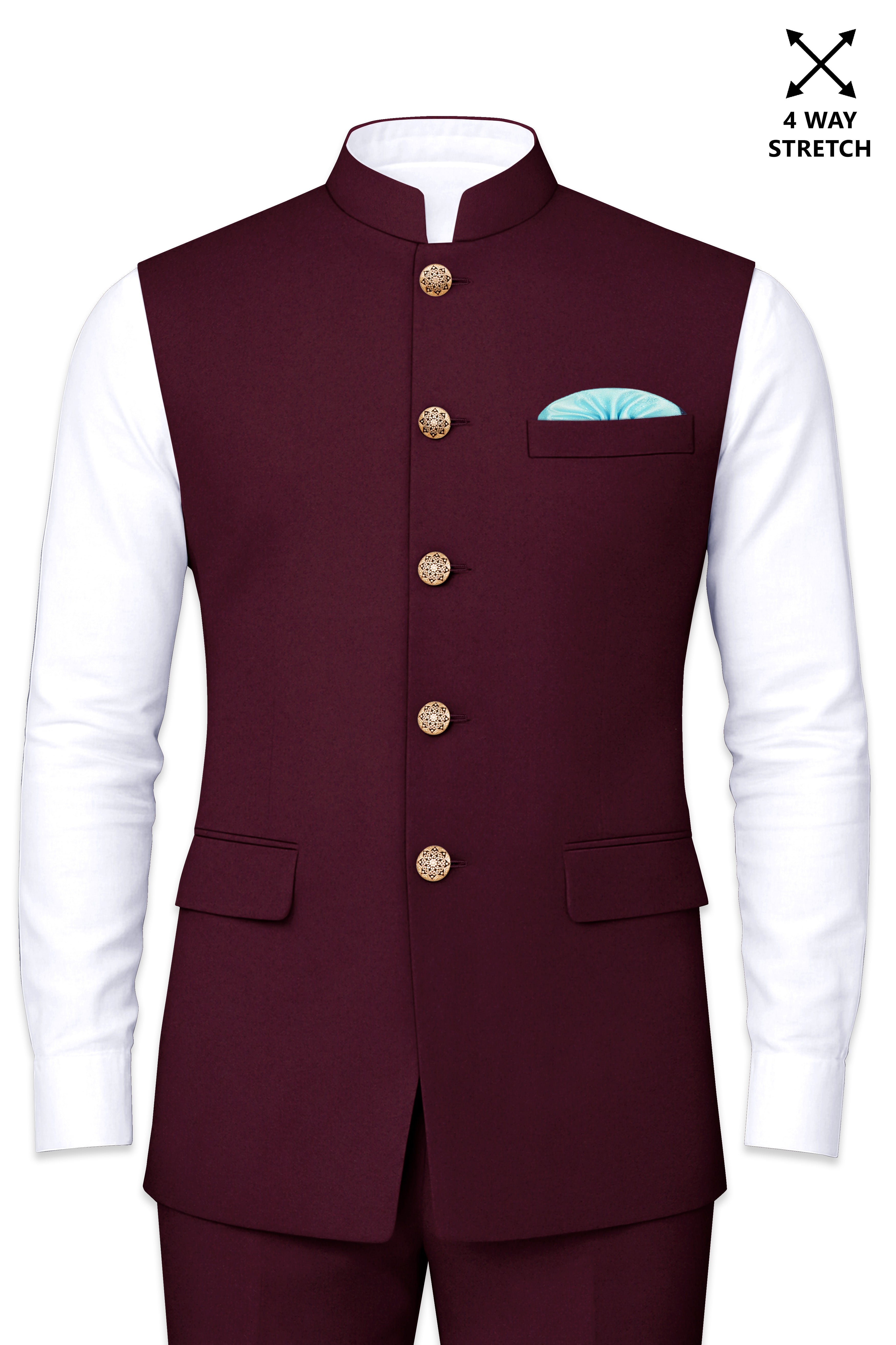 Flexmaro-Korean Crater Maroon 4-Way Stretch Wrinkle-Free Wool Rich Nehru Jacket