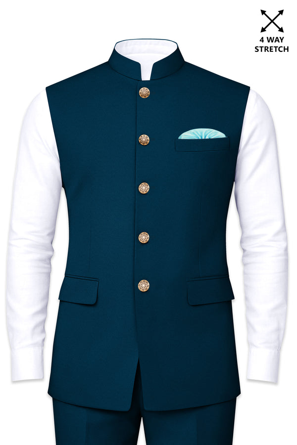 Aureblu-Korean Prussian Blue 4-Way Stretch Wool Rich Nehru Jacket