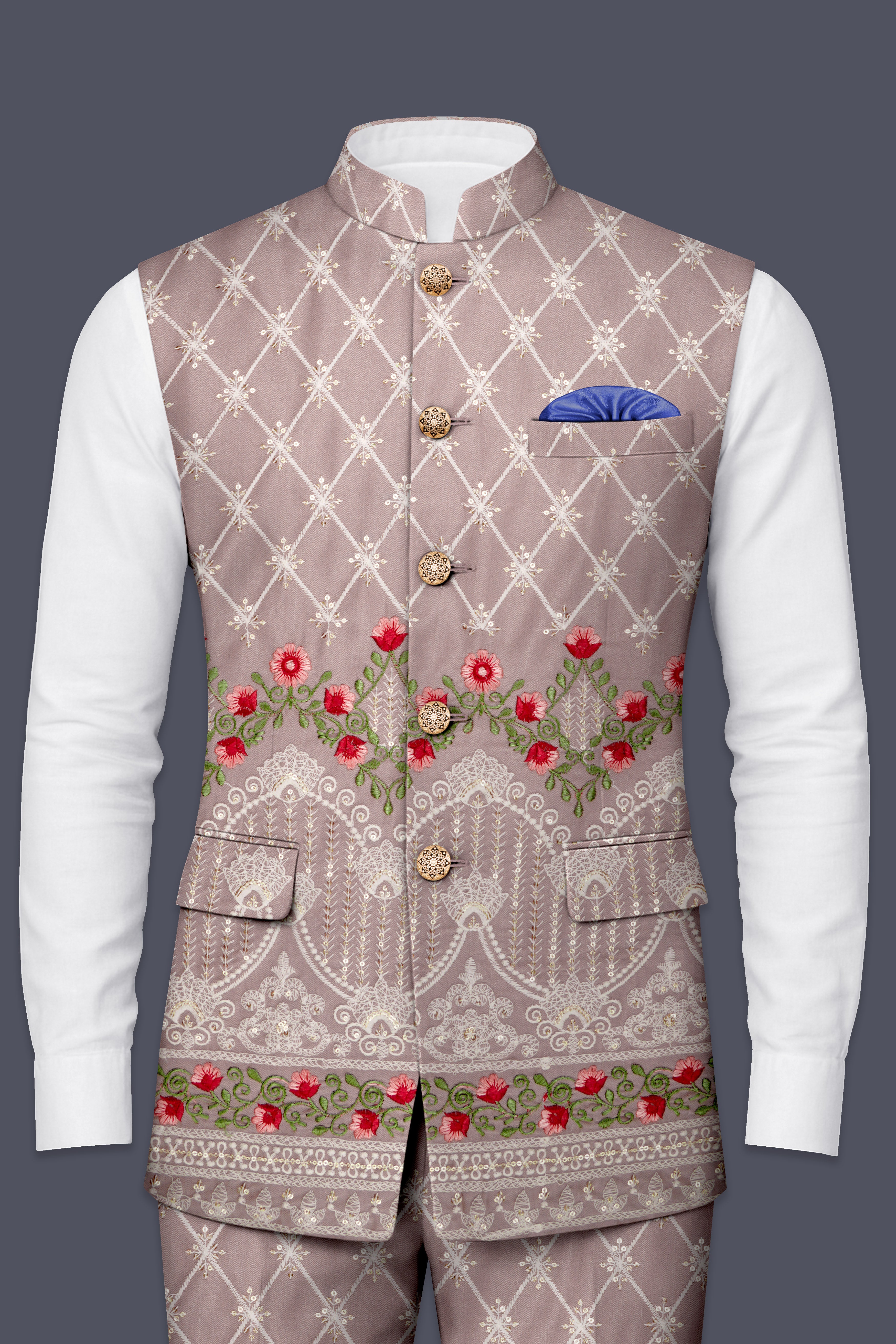 Luminza-Martini Cream Merlot Red Multicolour Thread and Sequin Embroidered Designer Nehru Jacket