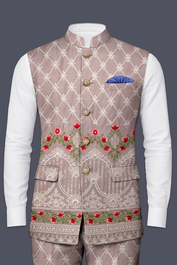Luminza-Martini Cream Merlot Red Multicolour Thread and Sequin Embroidered Designer Nehru Jacket