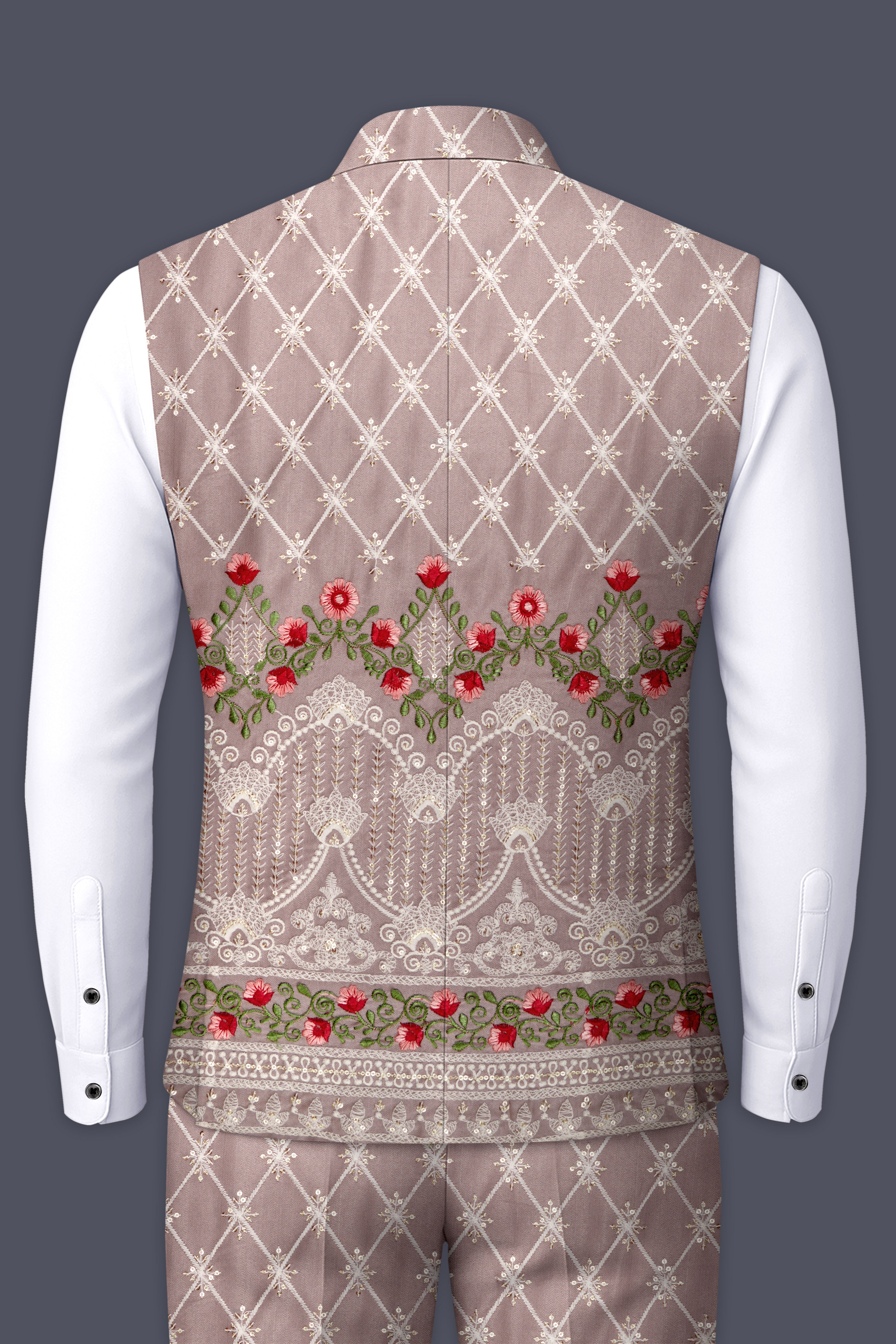 Luminza-Martini Cream Merlot Red Multicolour Thread and Sequin Embroidered Designer Nehru Jacket