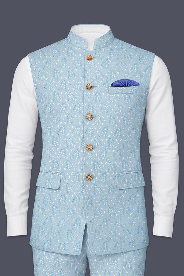 Azurora-Carolina Blue Thread and Sequin Embroidered Designer Nehru Jacket