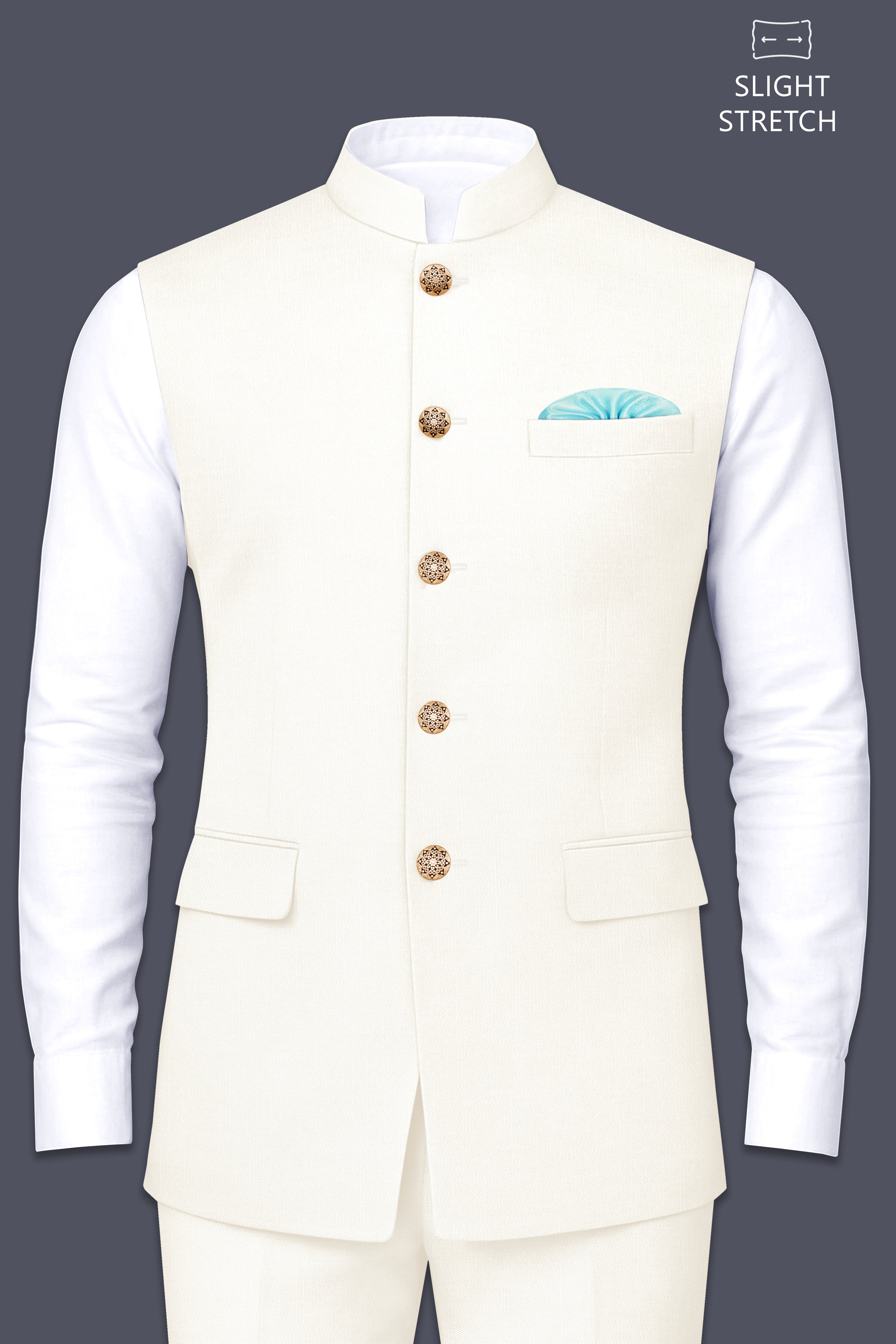 Ivory-Cararra Cream Wool Rich Slight Stretch Nehru Jacket