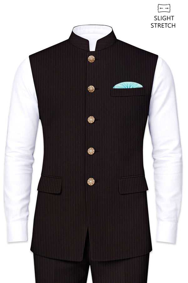 Imperio-Umber Brown Pencil Striped Wool Rich Slight Stretch Nehru Jacket
