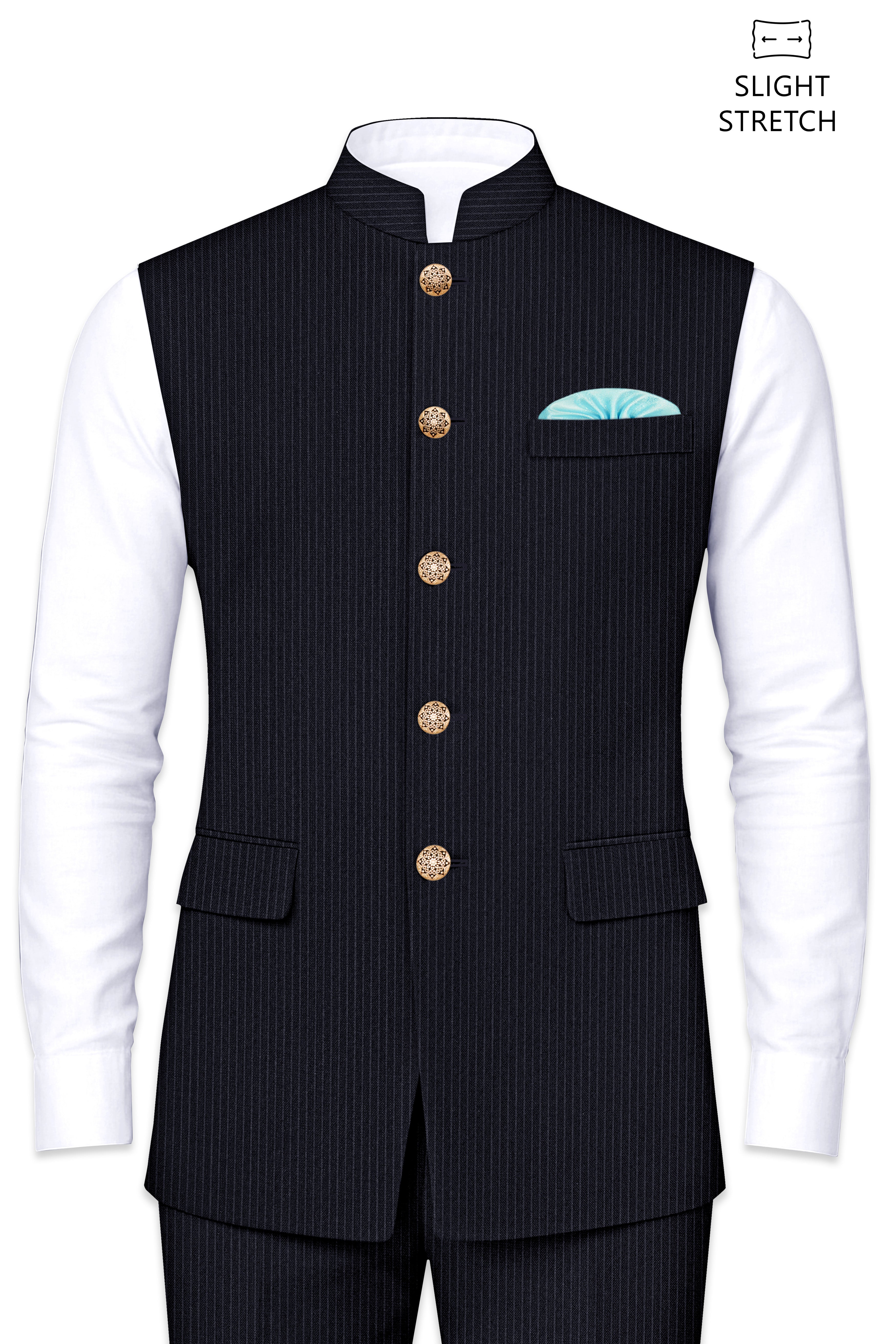 Cosmire-Space Blue Pencil Striped Wool Rich Slight Stretch Nehru Jacket