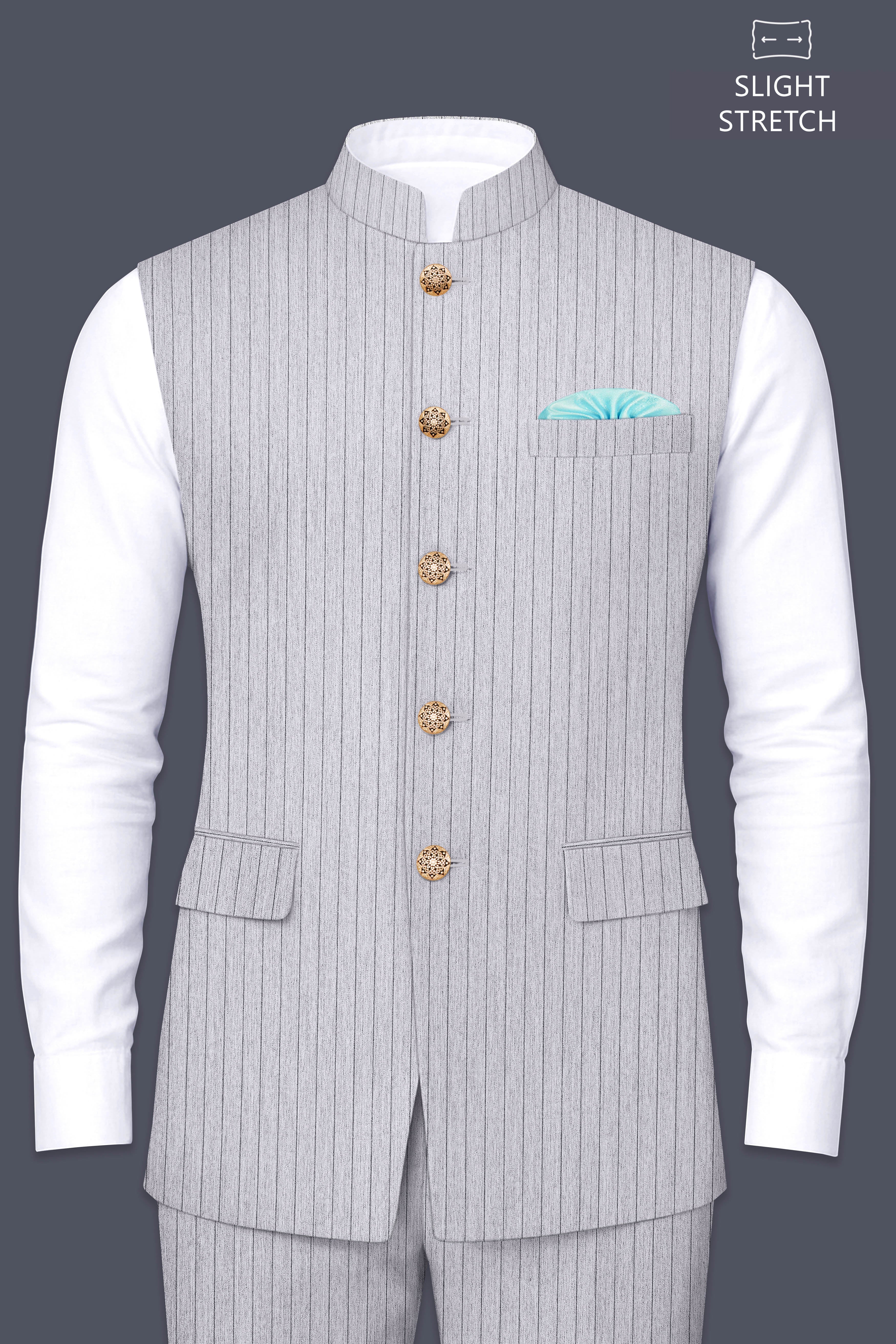 Grisvoro-Sterling Gray Pin Striped Wool Rich Slight Stretch Nehru Jacket