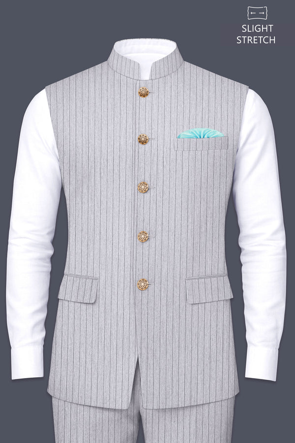 Grisvoro-Sterling Gray Pin Striped Wool Rich Slight Stretch Nehru Jacket