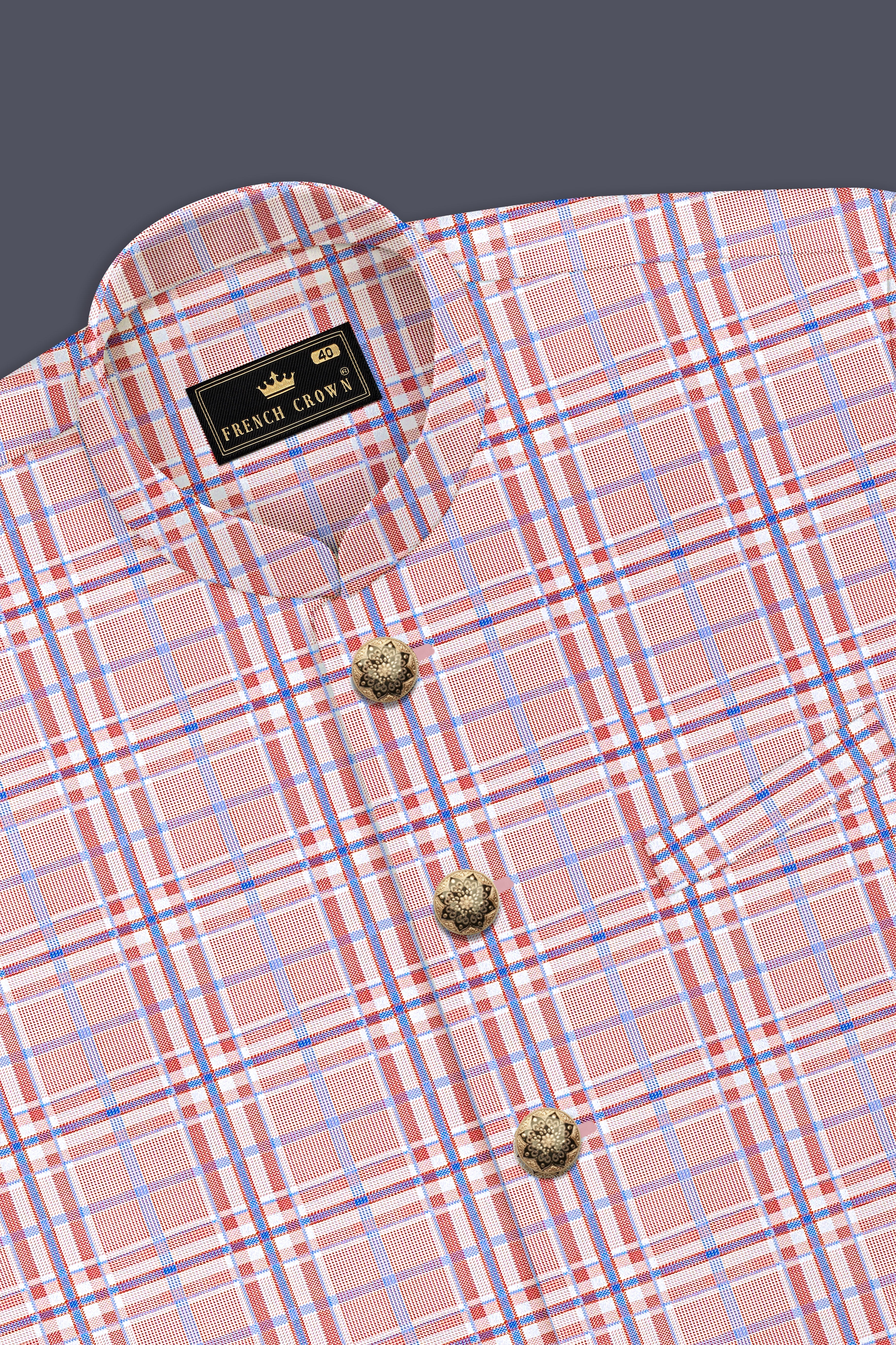 Velour-Turkish Rose Pink And Wild Blue Plaid Wool Rich Nehru Jacket