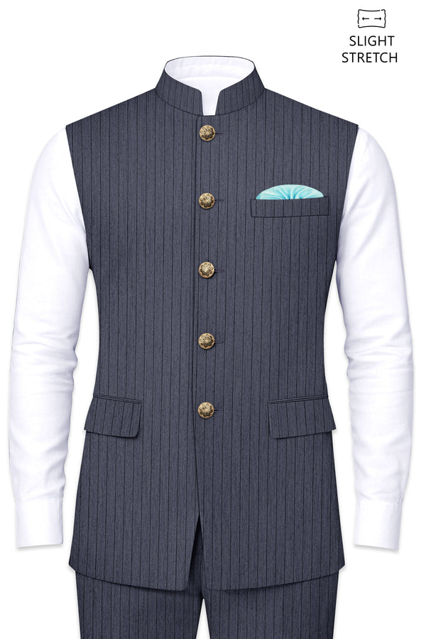 Azurion-Ninja Blue Pin Striped Wool Rich Slight Stretch Nehru Jacket