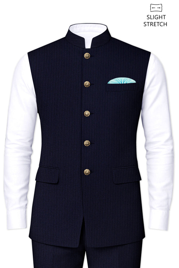 Elion-Bunker Blue Pencil Striped Wool Rich Slight Stretch Nehru Jacket