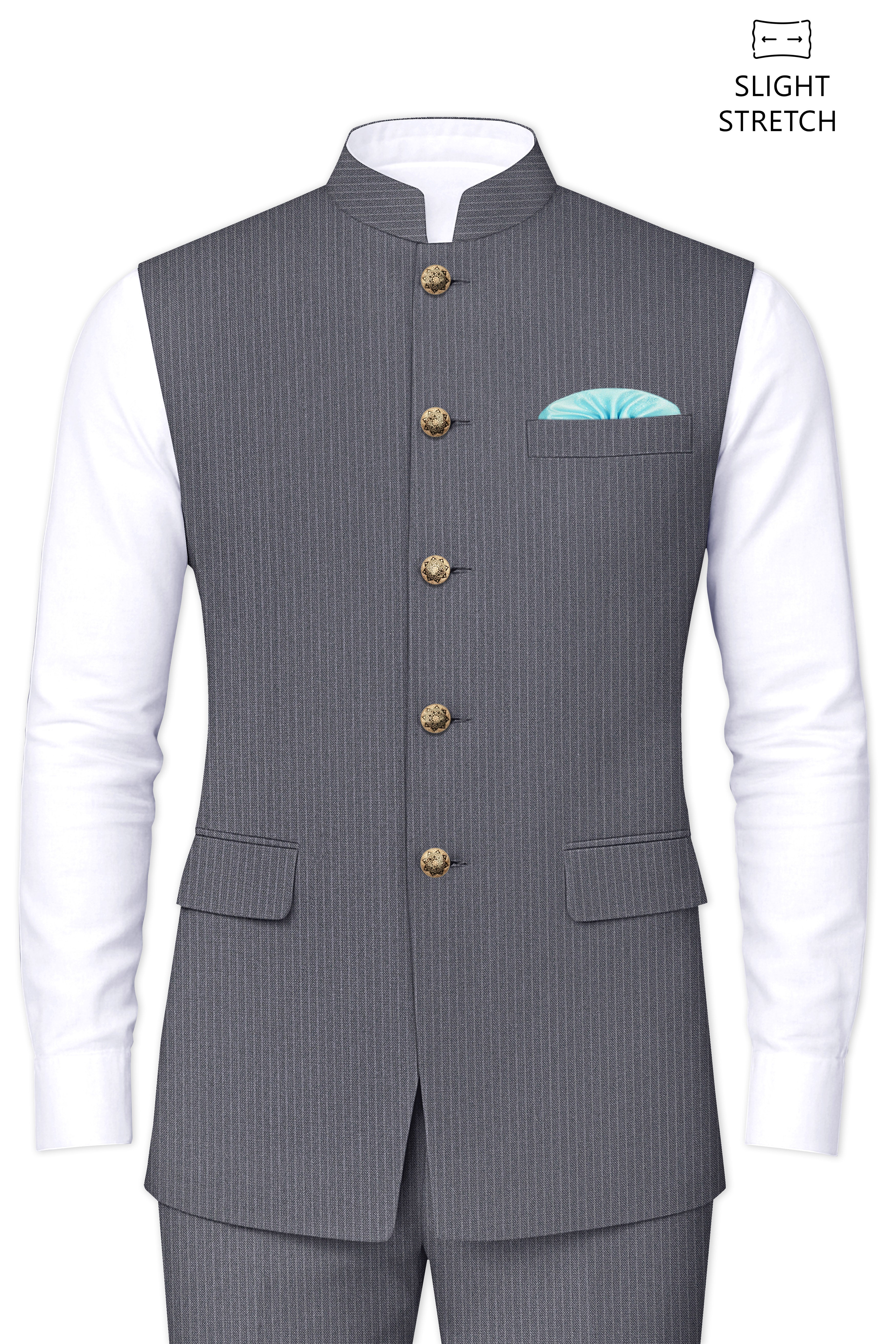 Apex-Ironside Gray Pencil Striped Wool Rich Slight Stretch Nehru Jacket