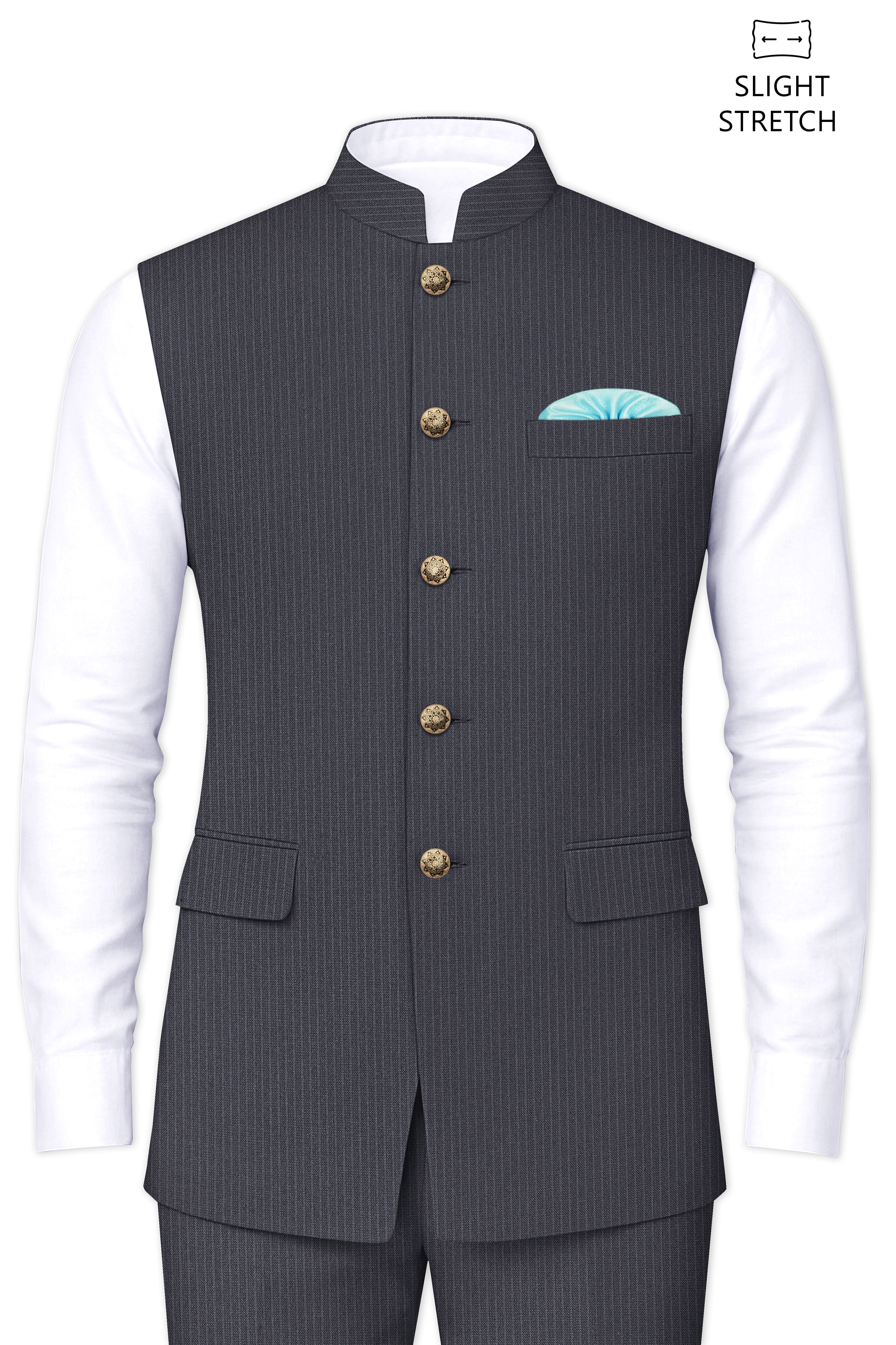 Monvex-Tuna Gray Pencil Striped Wool Rich Slight Stretch Nehru Jacket