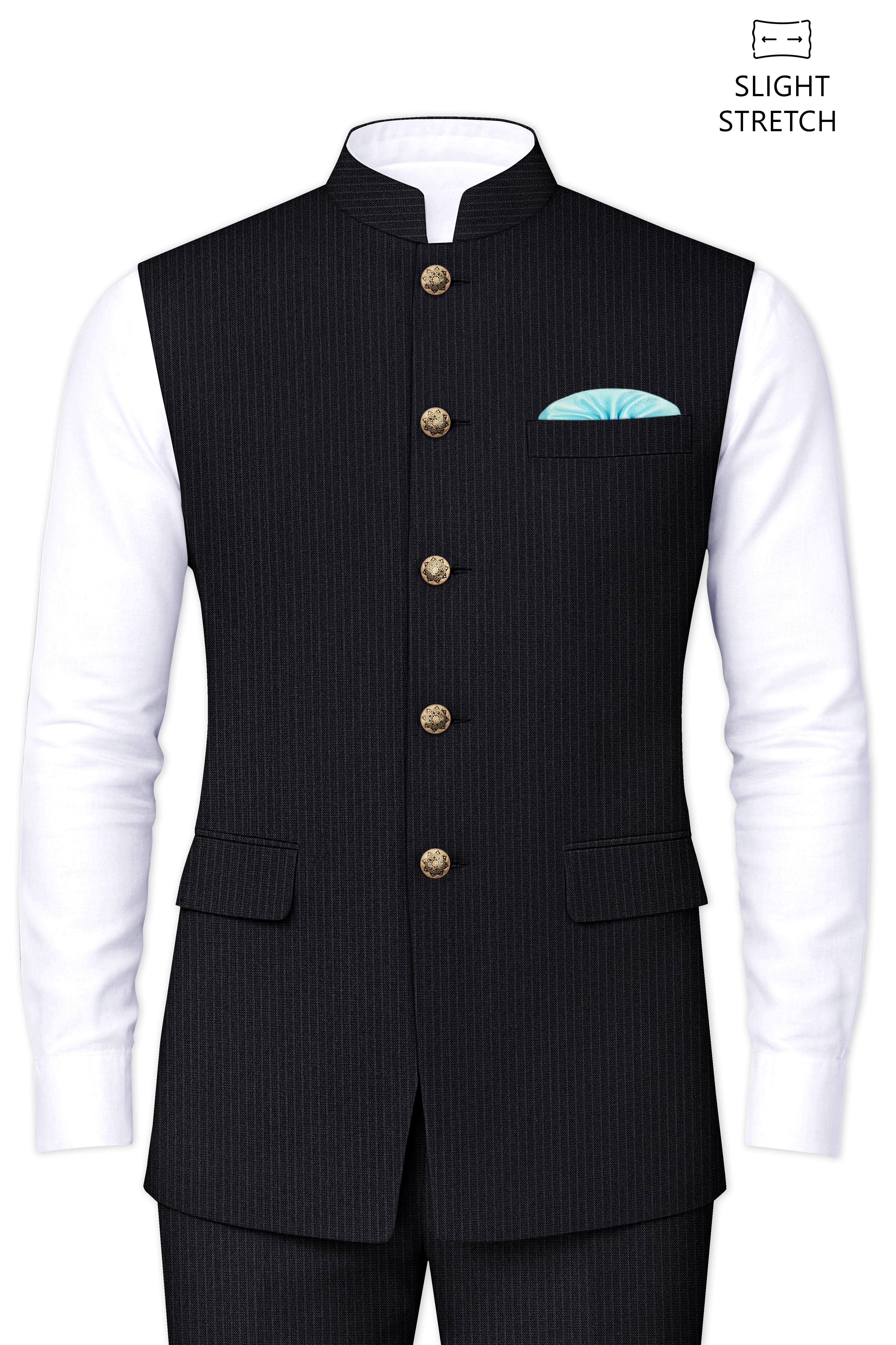 Noir-Jade Black Pencil Striped Wool Rich Slight Stretch Nehru Jacket