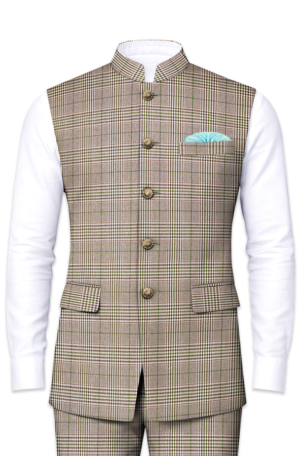 Nawab-Tundora Brown Plaid Wool Rich Nehru Jackets