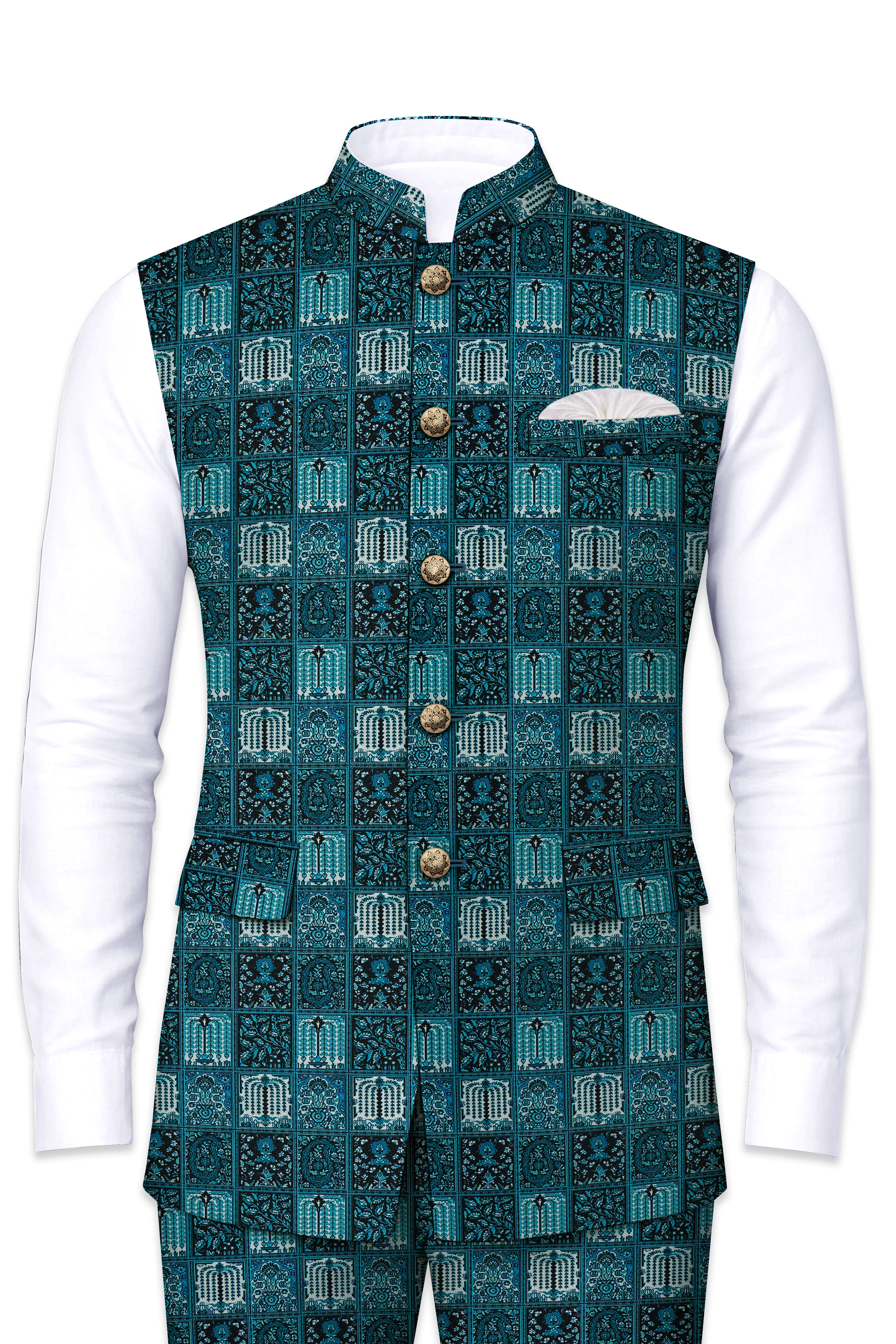 Zenith-Astronaut Blue Geometric Mosaic Printed Wool Rich Nehru Jackets